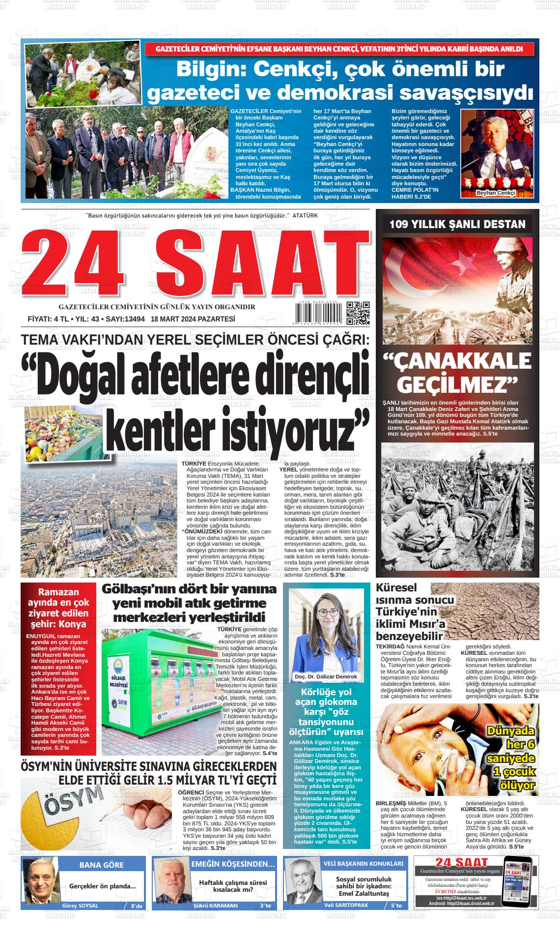 18 Mart 2024 24 Saat Gazete Manşeti