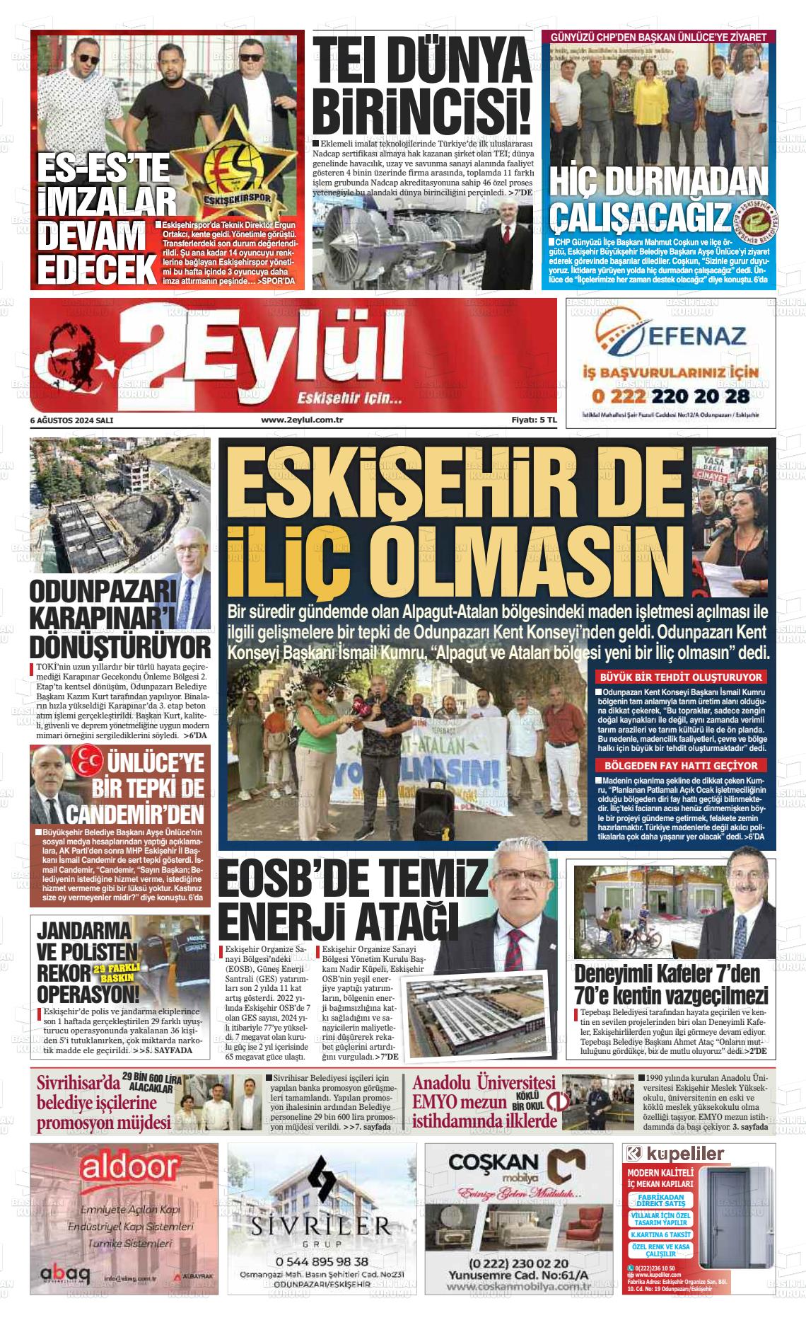 06 Ağustos 2024 İki Eylül Gazete Manşeti