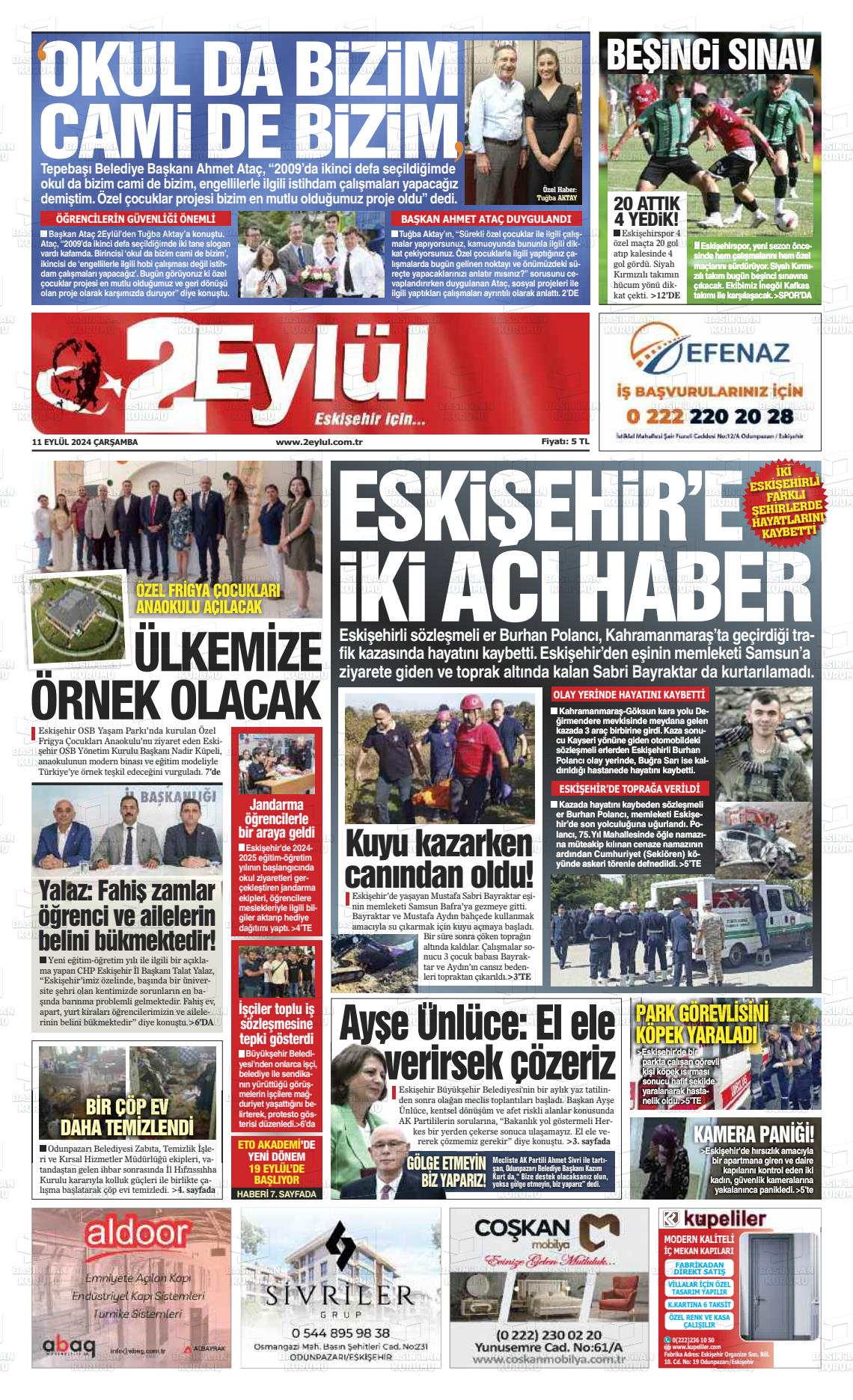 11 Eylül 2024 İki Eylül Gazete Manşeti