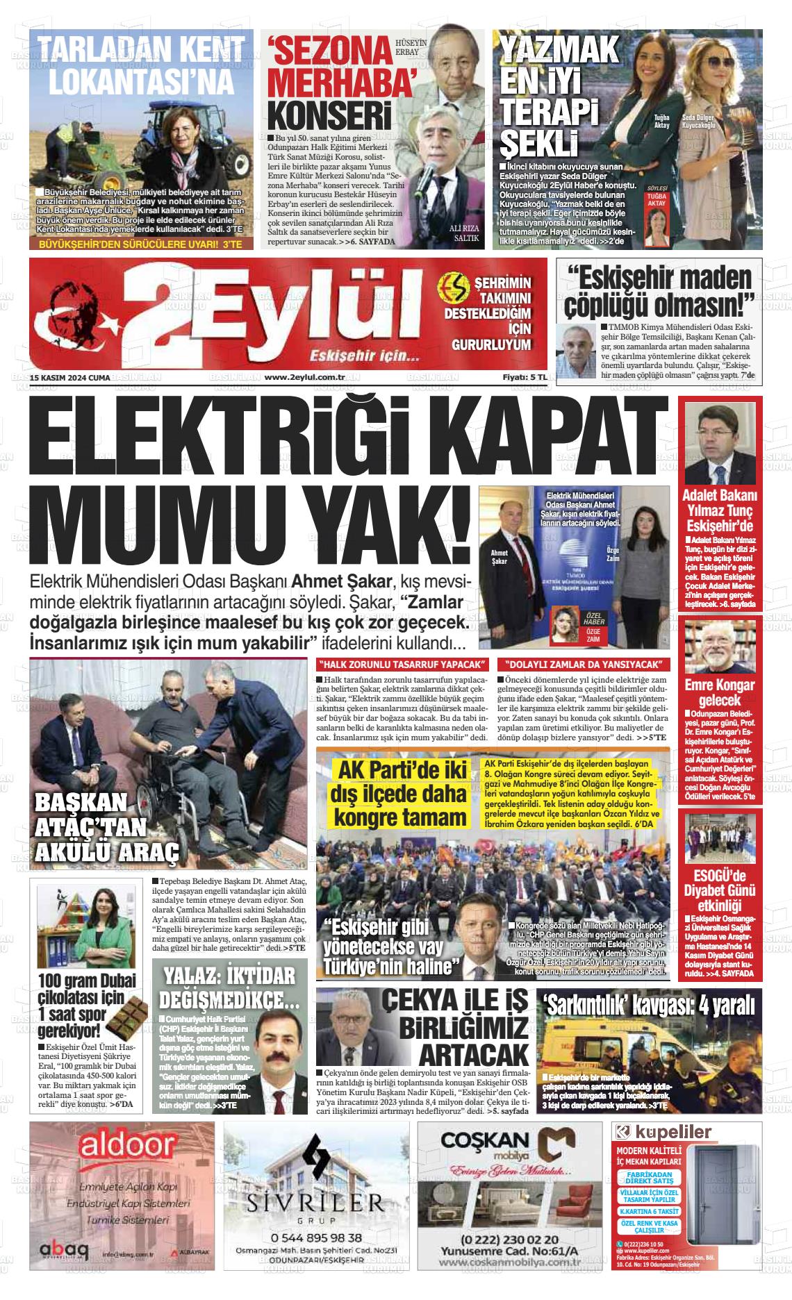 15 Kasım 2024 İki Eylül Gazete Manşeti