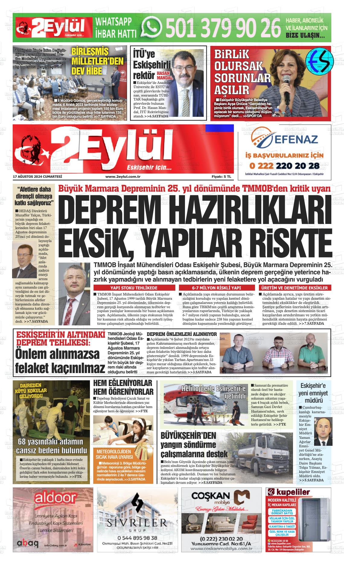 17 Ağustos 2024 İki Eylül Gazete Manşeti