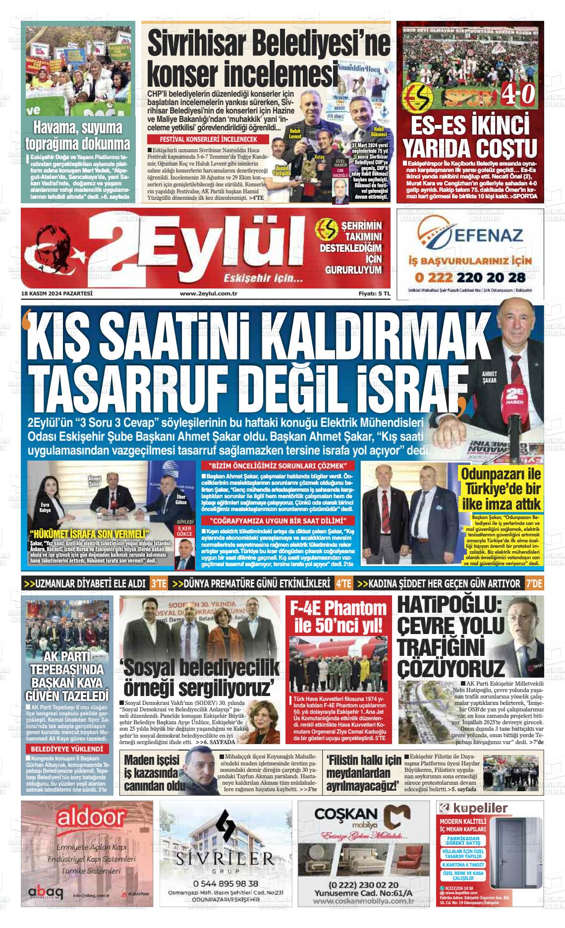 18 Kasım 2024 İki Eylül Gazete Manşeti