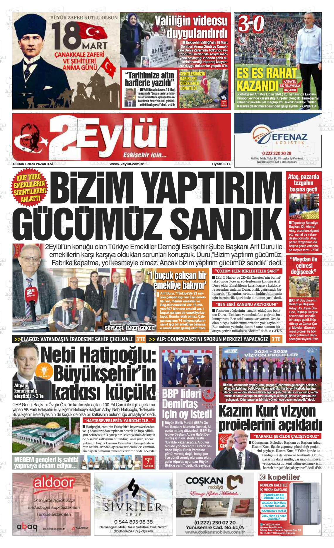 18 Mart 2024 İki Eylül Gazete Manşeti