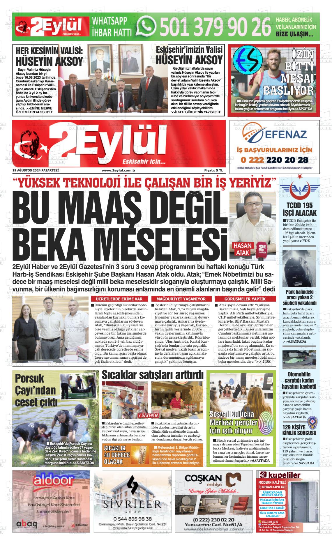 19 Ağustos 2024 İki Eylül Gazete Manşeti