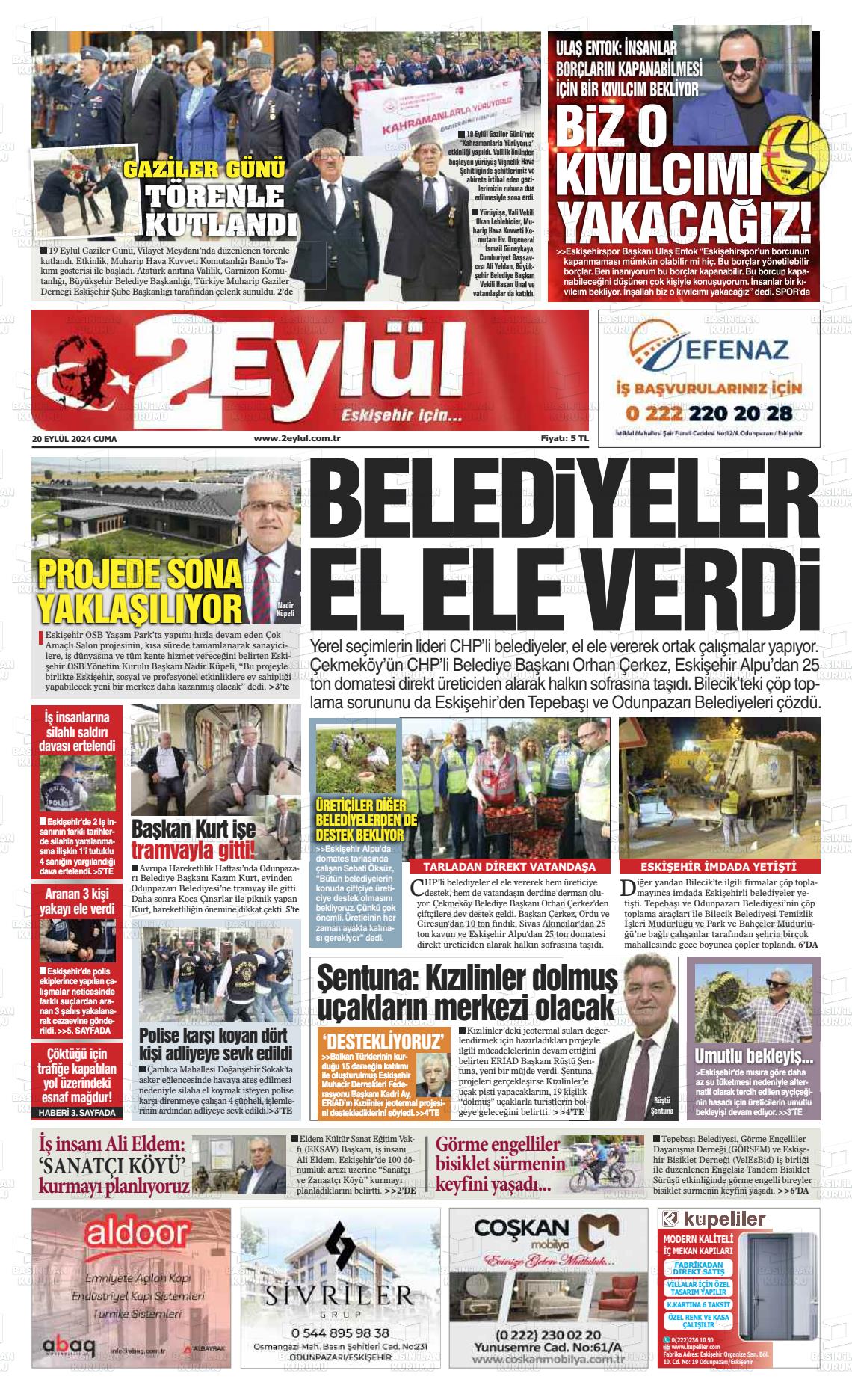 20 Eylül 2024 İki Eylül Gazete Manşeti