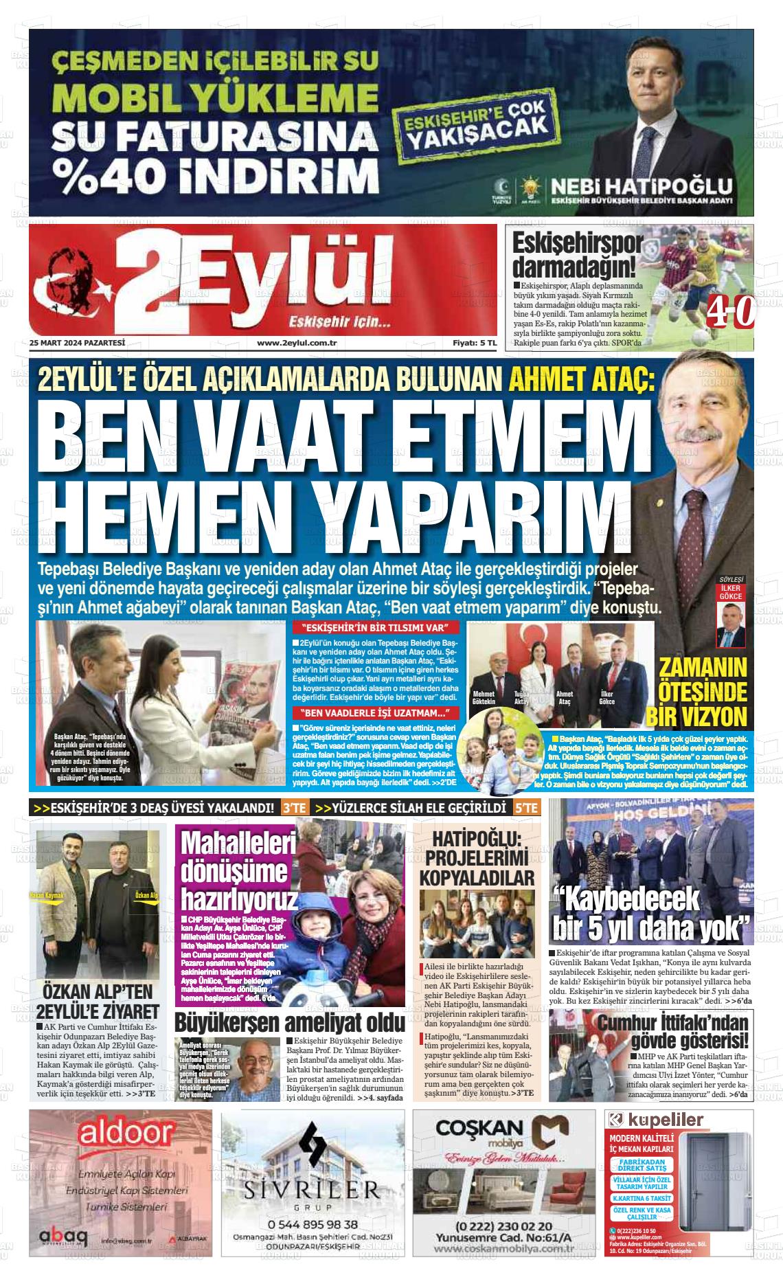 25 Mart 2024 İki Eylül Gazete Manşeti