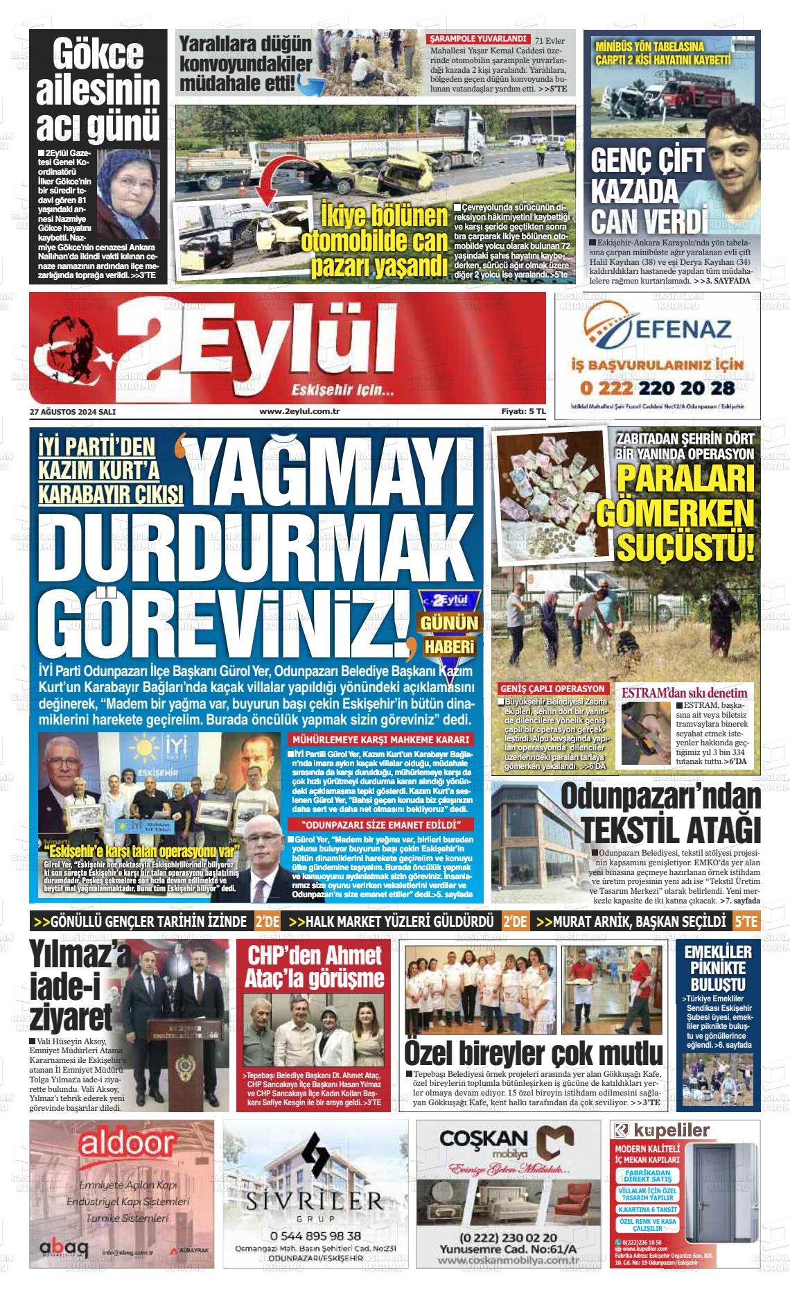 27 Ağustos 2024 İki Eylül Gazete Manşeti