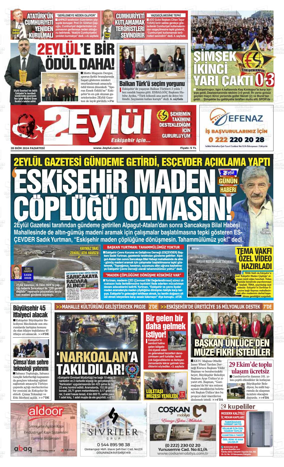 28 Ekim 2024 İki Eylül Gazete Manşeti