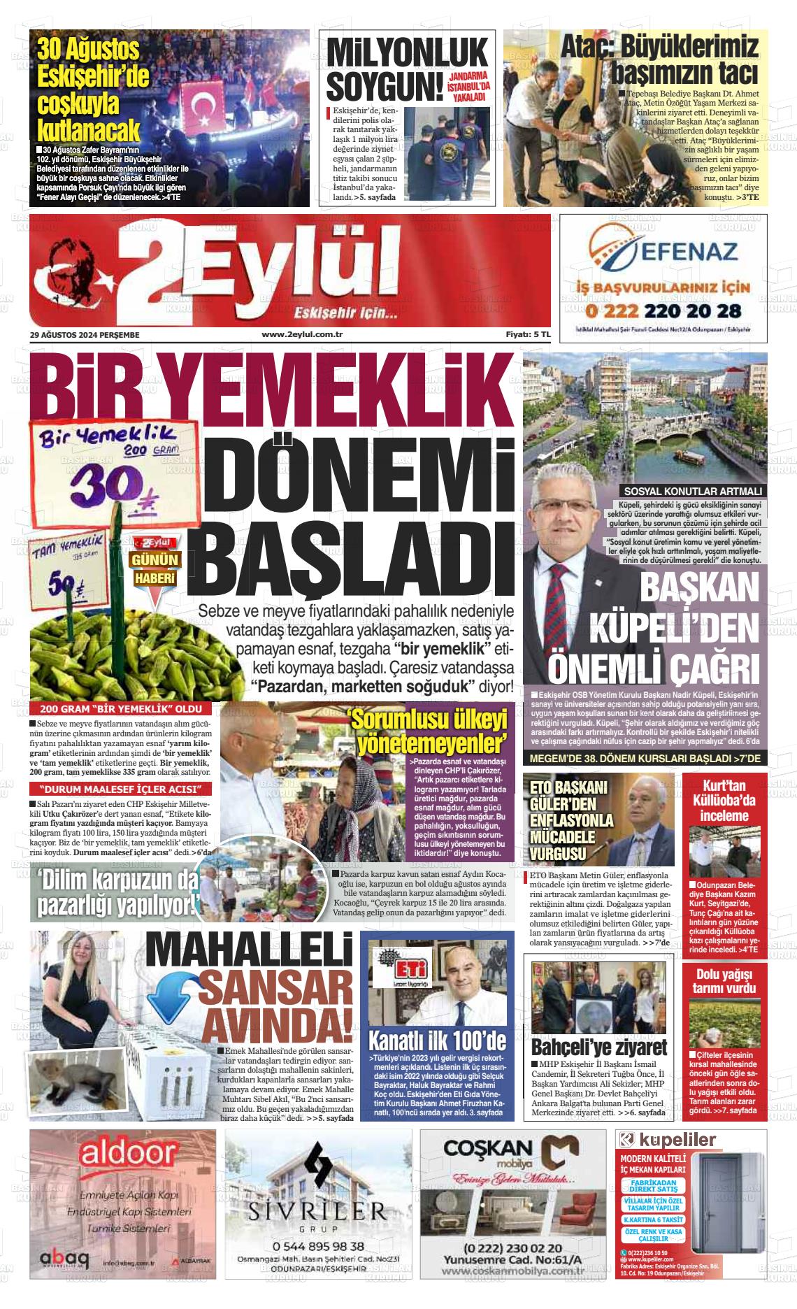 29 Ağustos 2024 İki Eylül Gazete Manşeti