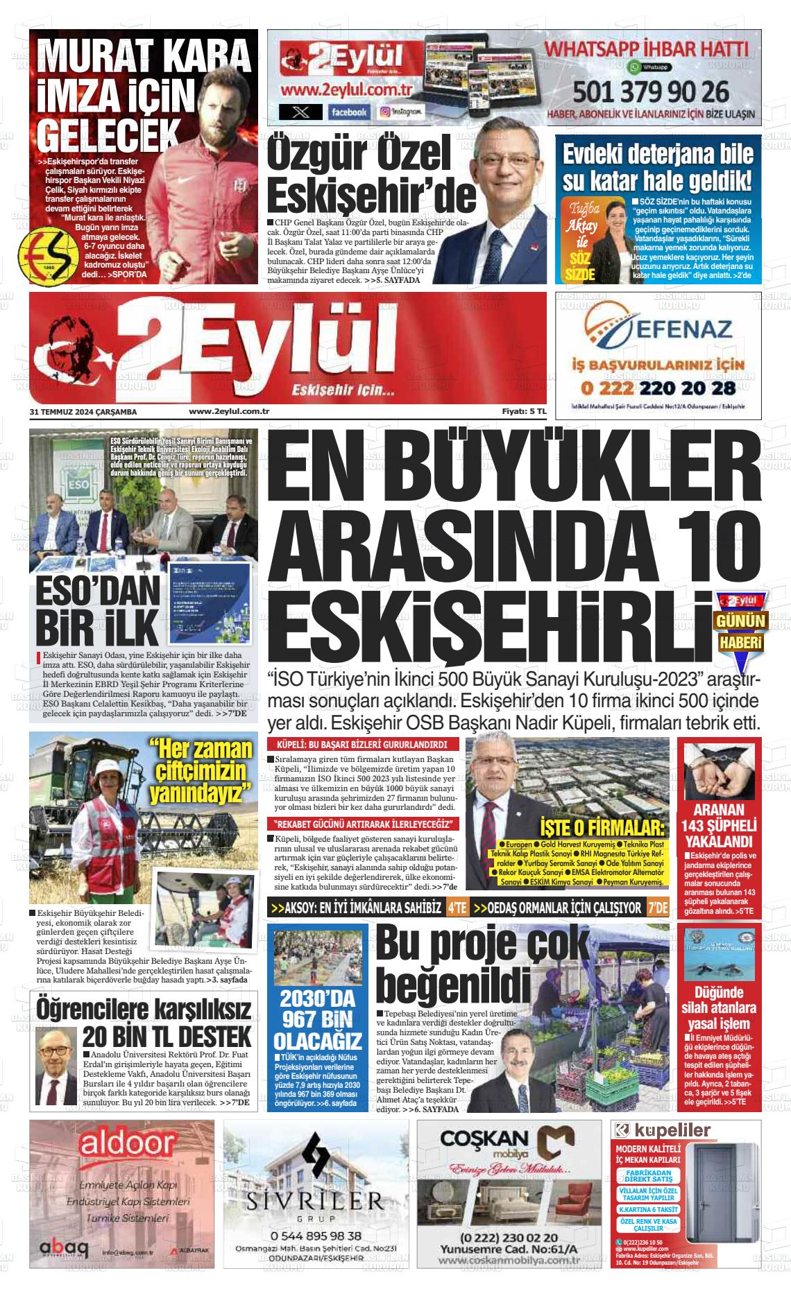 31 Temmuz 2024 İki Eylül Gazete Manşeti