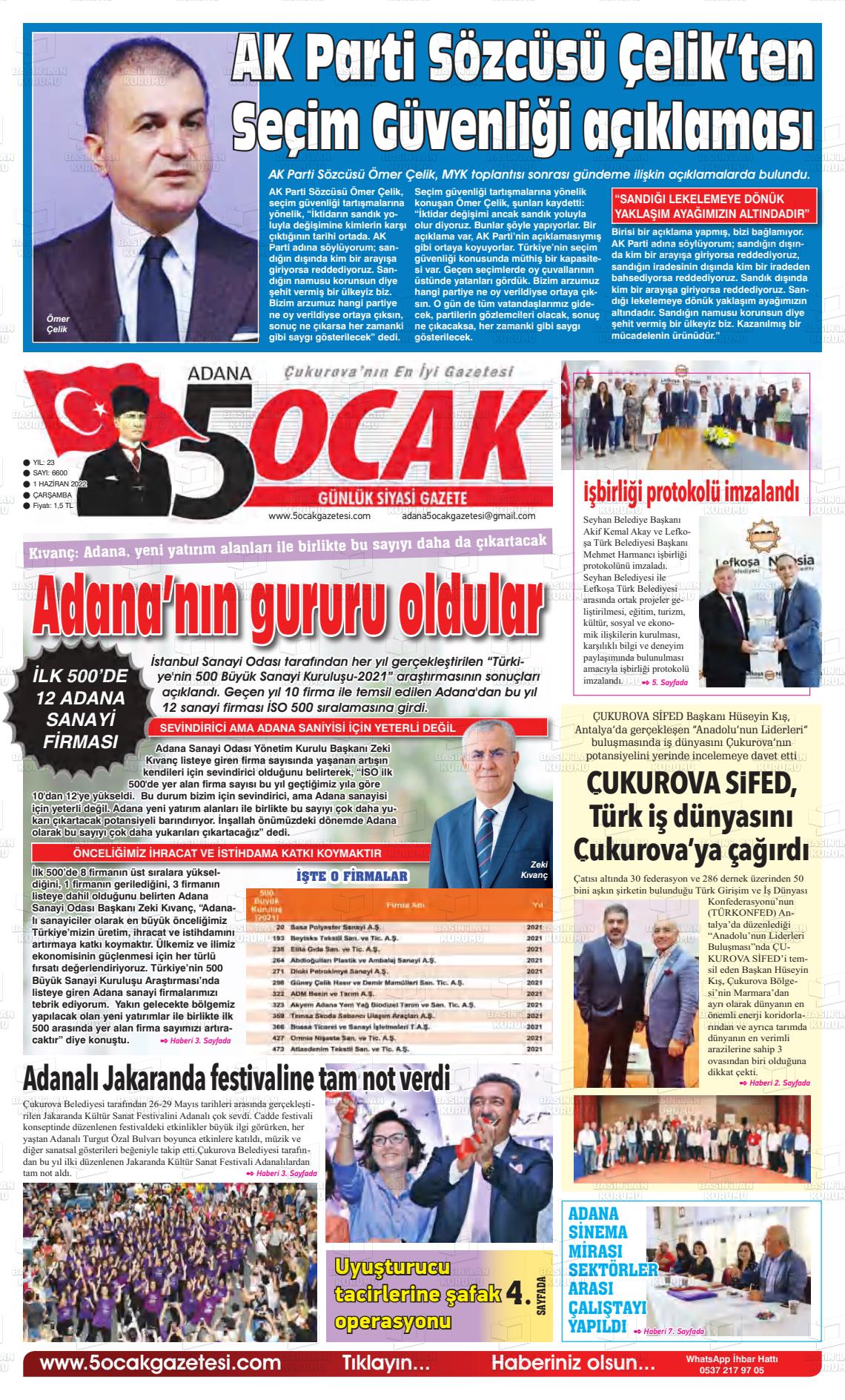 01 Haziran 2022 Adana 5 Ocak Gazete Manşeti