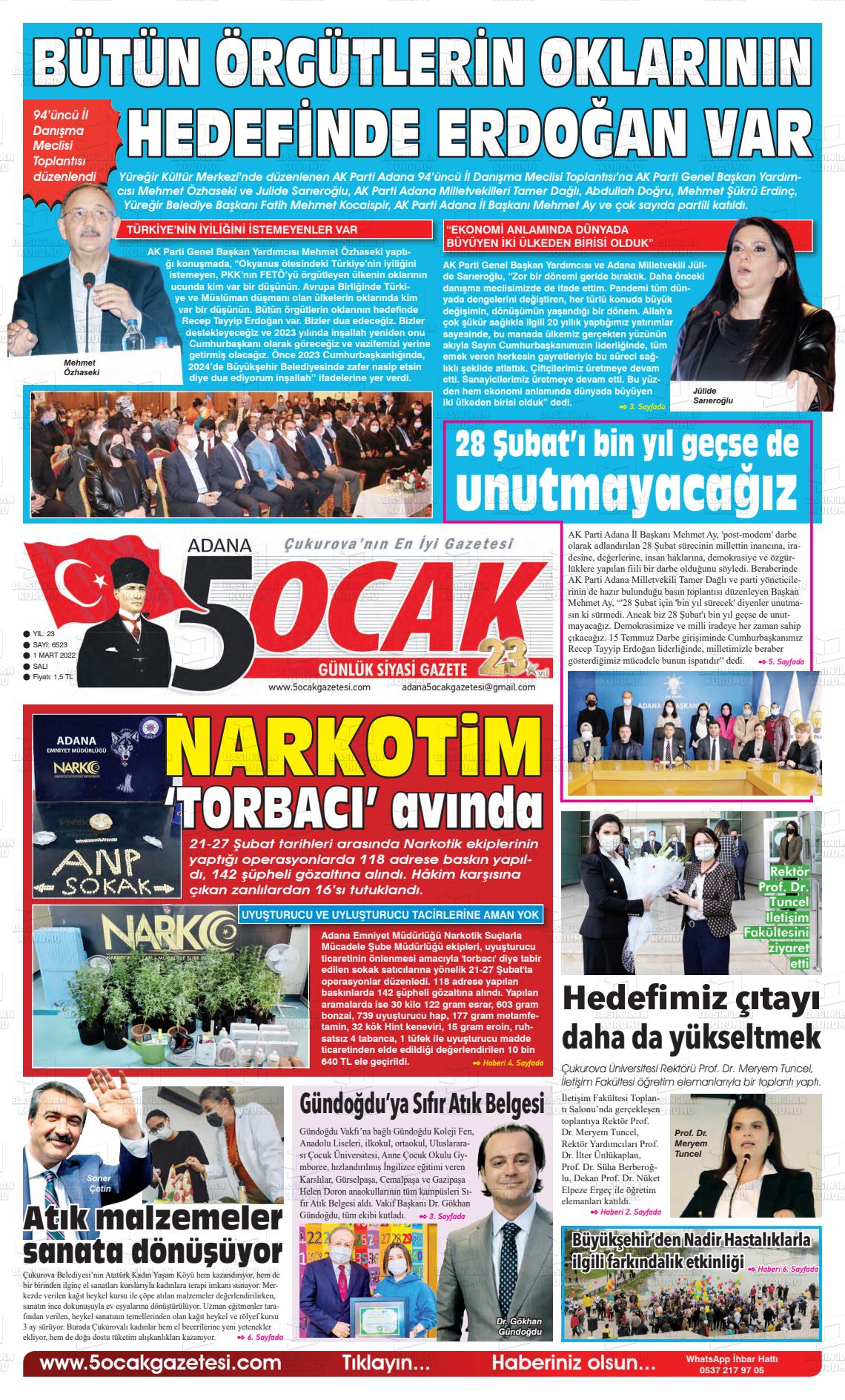 01 Mart 2022 Adana 5 Ocak Gazete Manşeti