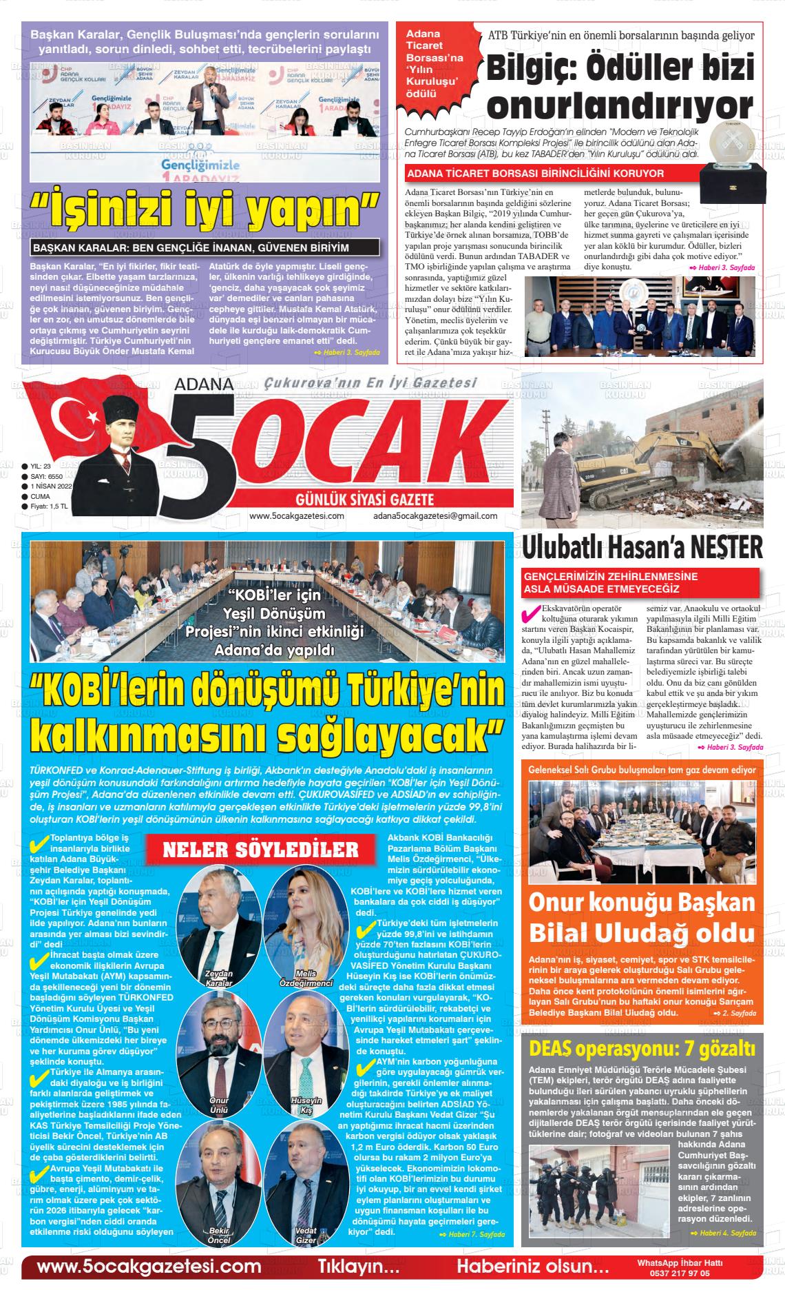 01 Nisan 2022 Adana 5 Ocak Gazete Manşeti