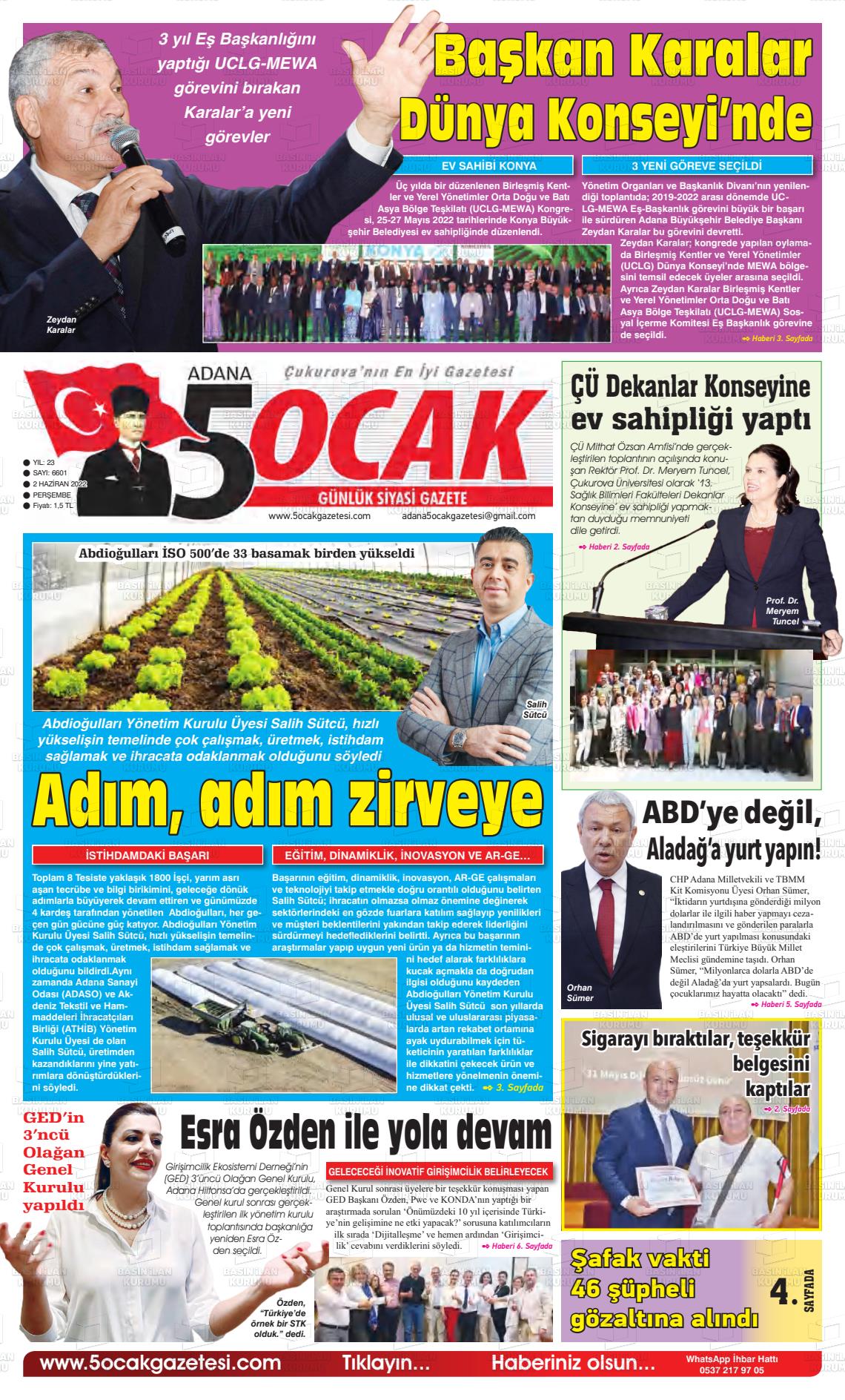 02 Haziran 2022 Adana 5 Ocak Gazete Manşeti