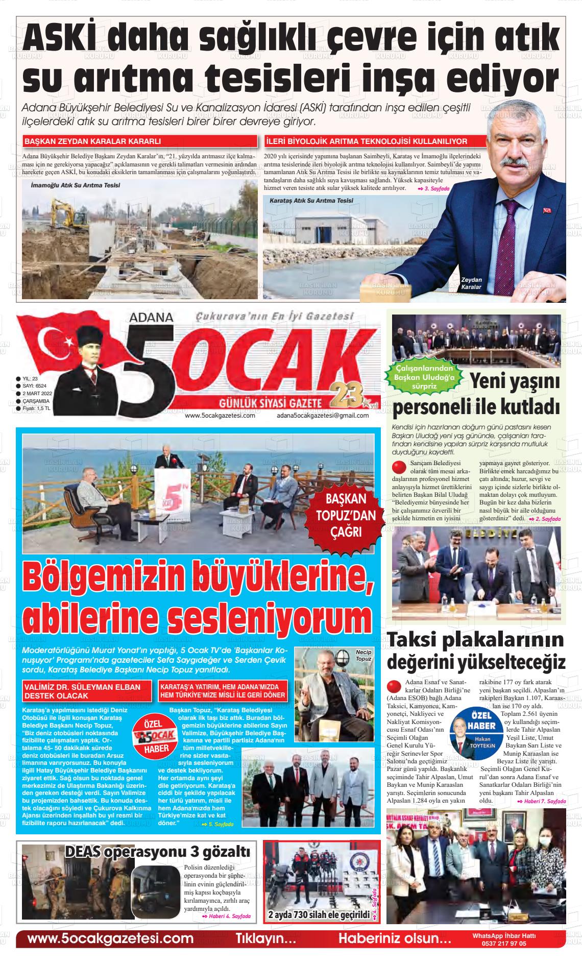 02 Mart 2022 Adana 5 Ocak Gazete Manşeti