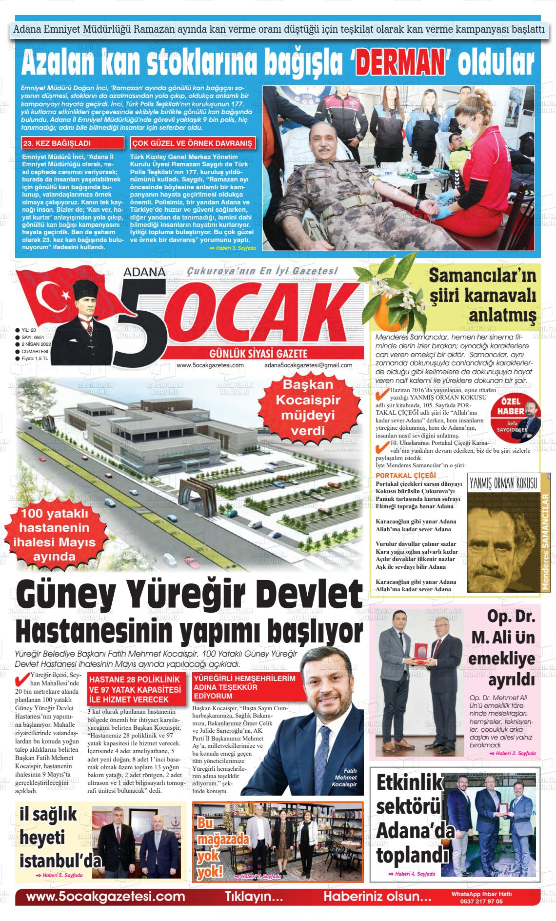 02 Nisan 2022 Adana 5 Ocak Gazete Manşeti