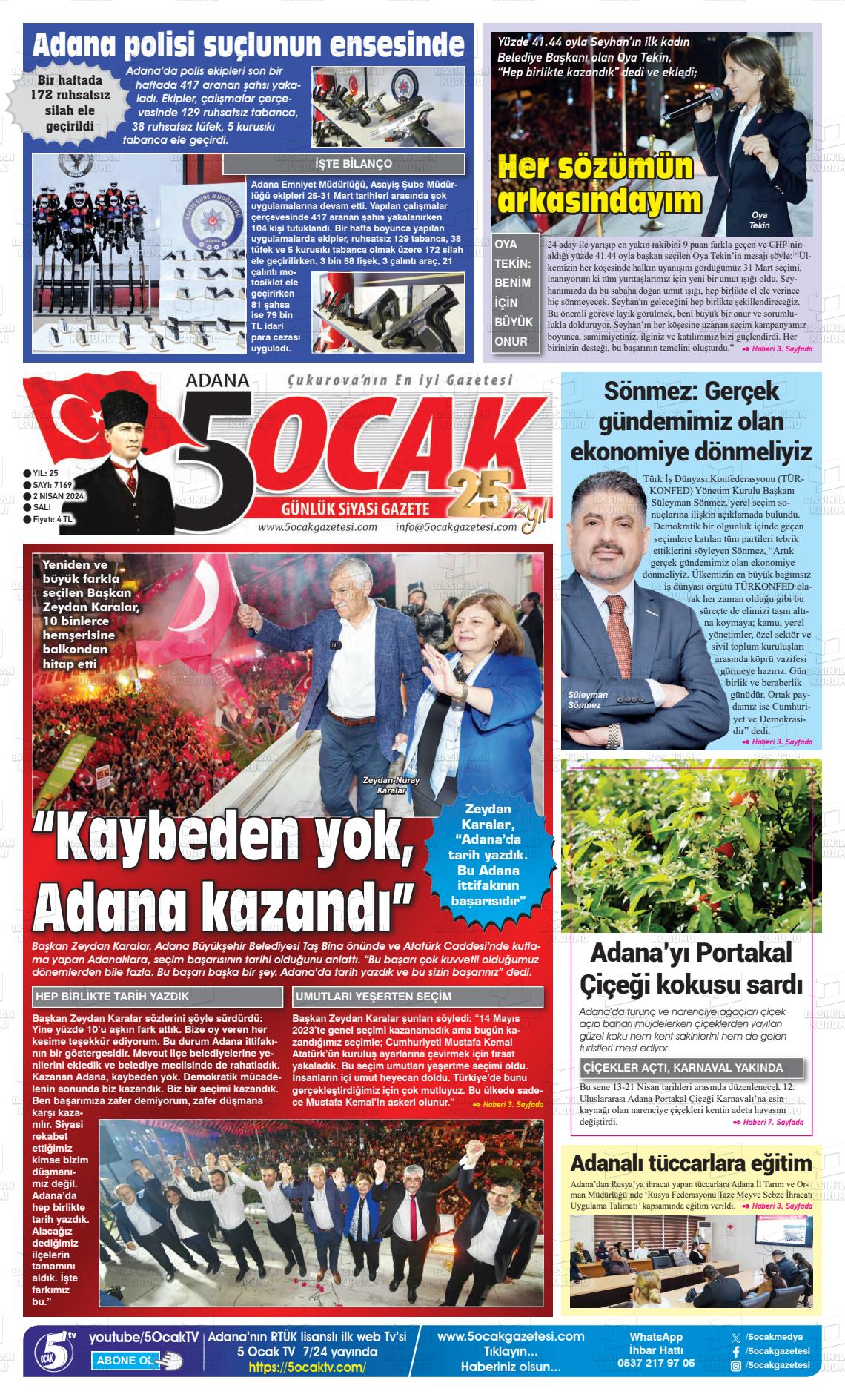 02 Nisan 2024 Adana 5 Ocak Gazete Manşeti