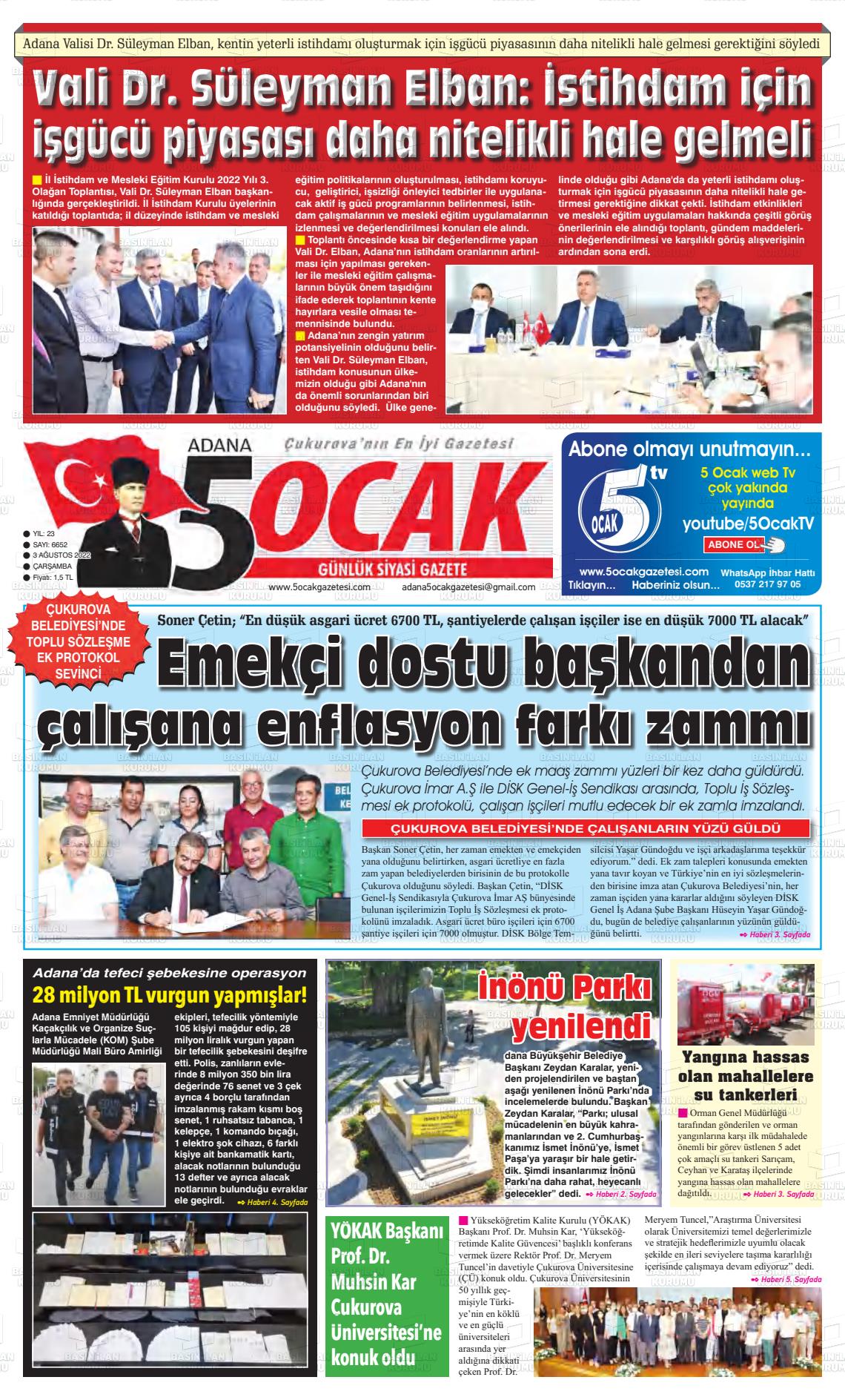 03 Ağustos 2022 Adana 5 Ocak Gazete Manşeti