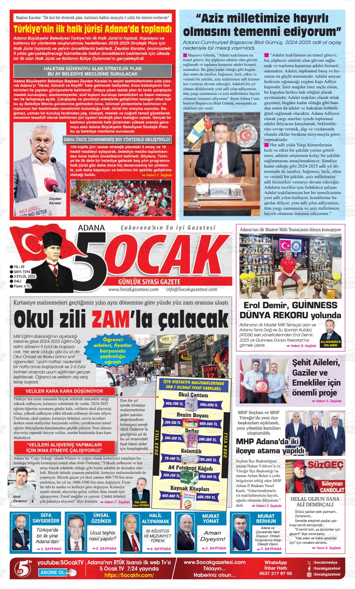 03 Eylül 2024 Adana 5 Ocak Gazete Manşeti