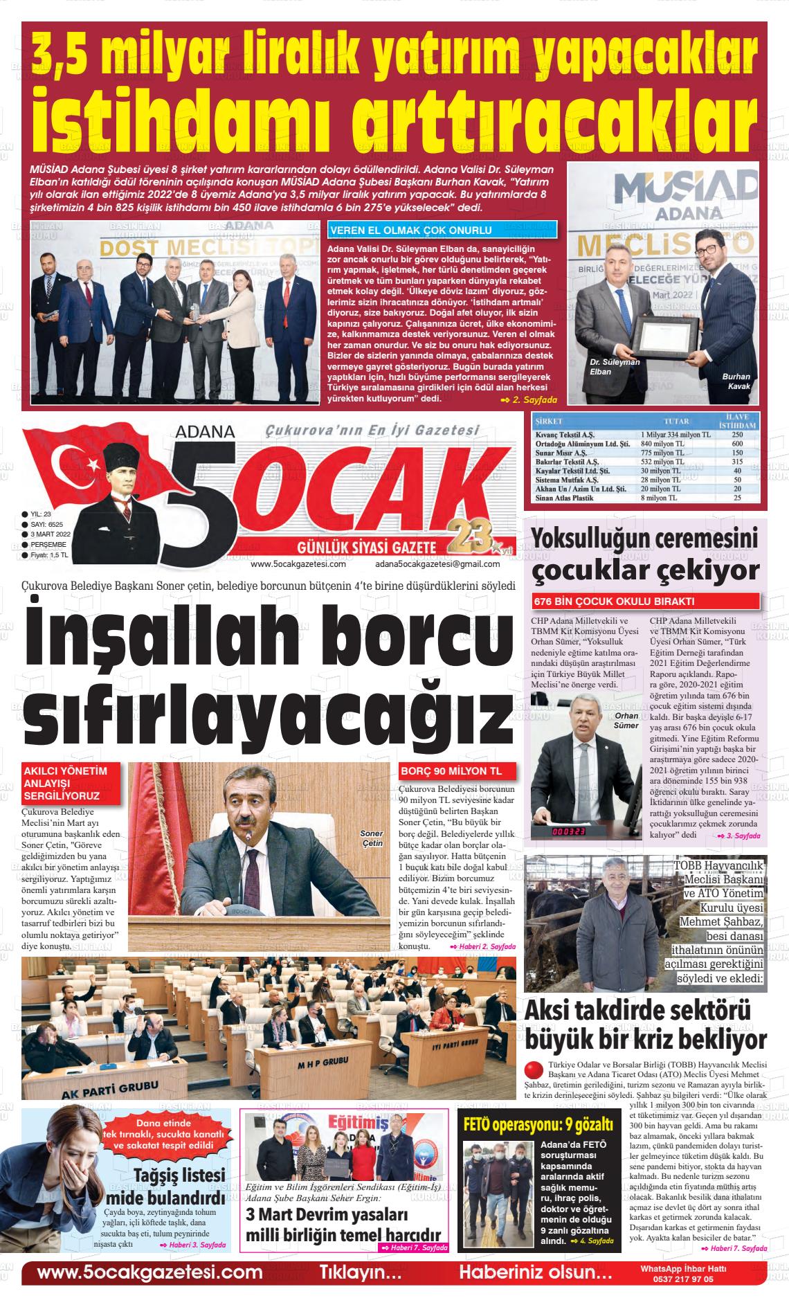 03 Mart 2022 Adana 5 Ocak Gazete Manşeti