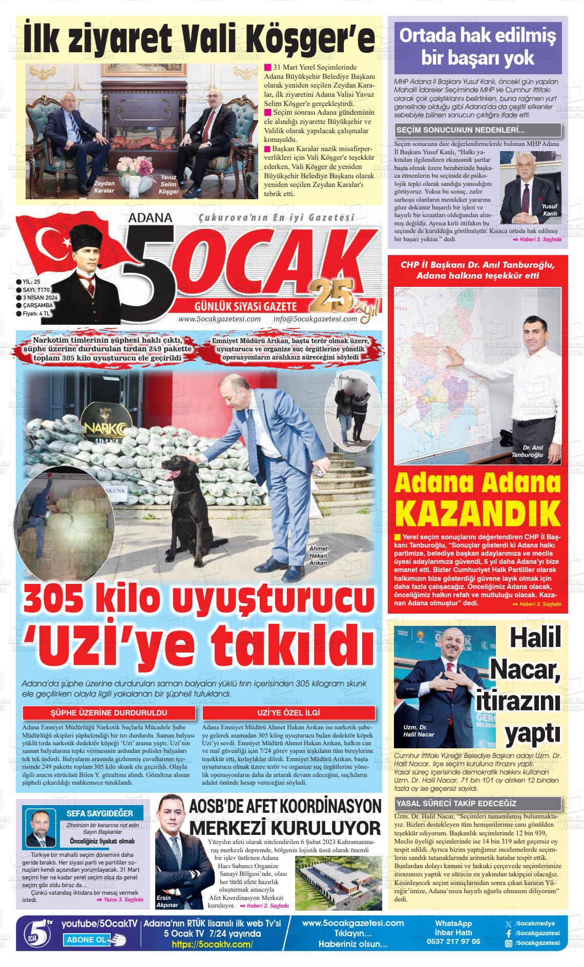 03 Nisan 2024 Adana 5 Ocak Gazete Manşeti