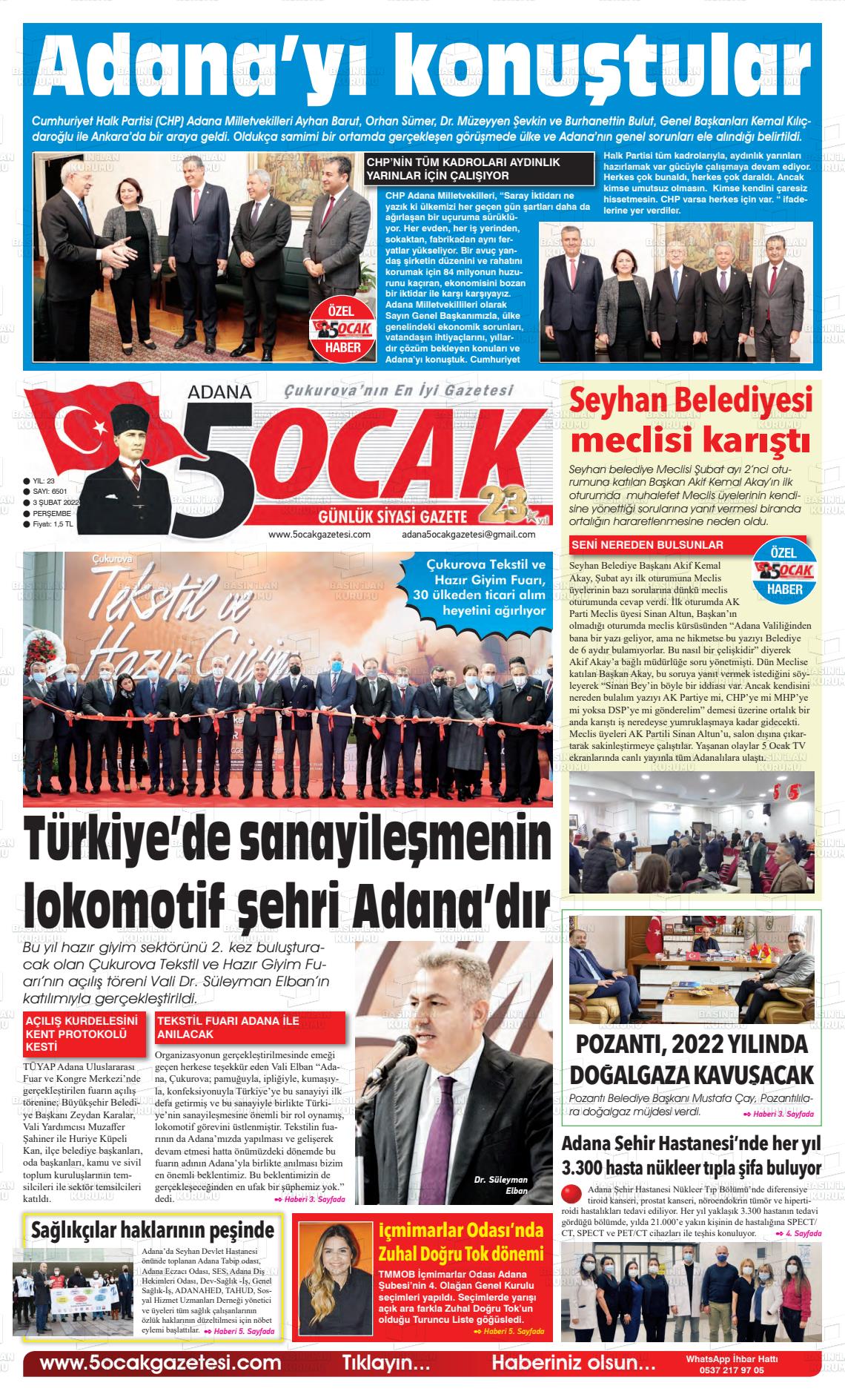 03 Şubat 2022 Adana 5 Ocak Gazete Manşeti