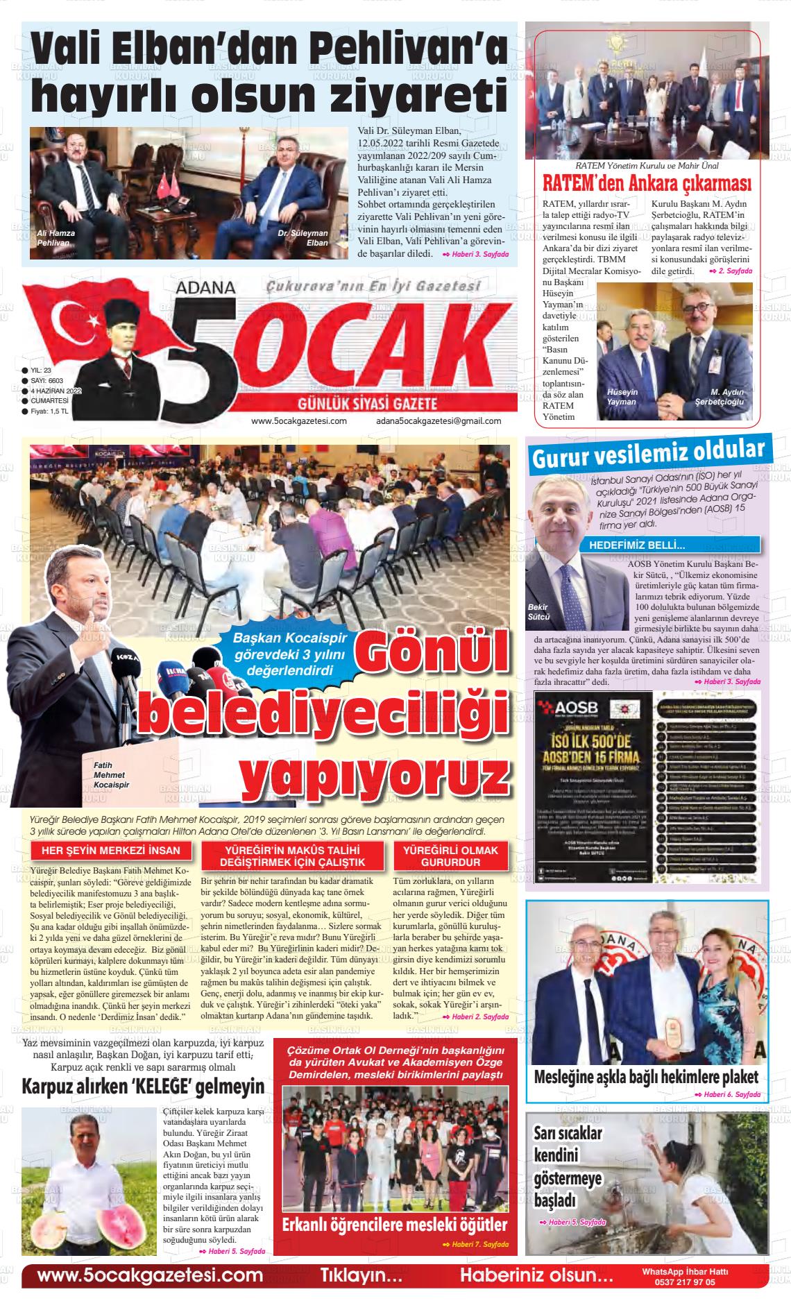 04 Haziran 2022 Adana 5 Ocak Gazete Manşeti