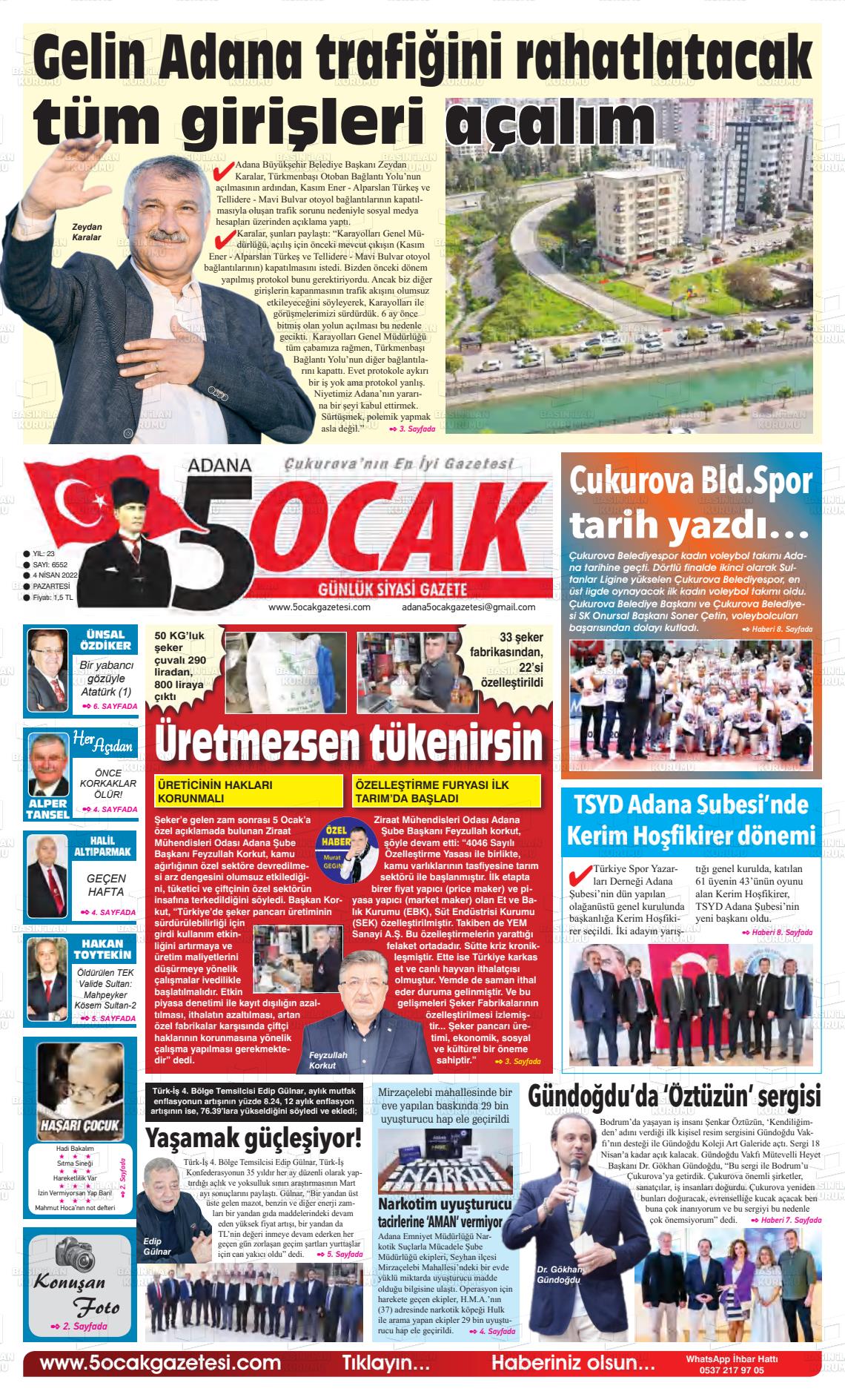 04 Nisan 2022 Adana 5 Ocak Gazete Manşeti