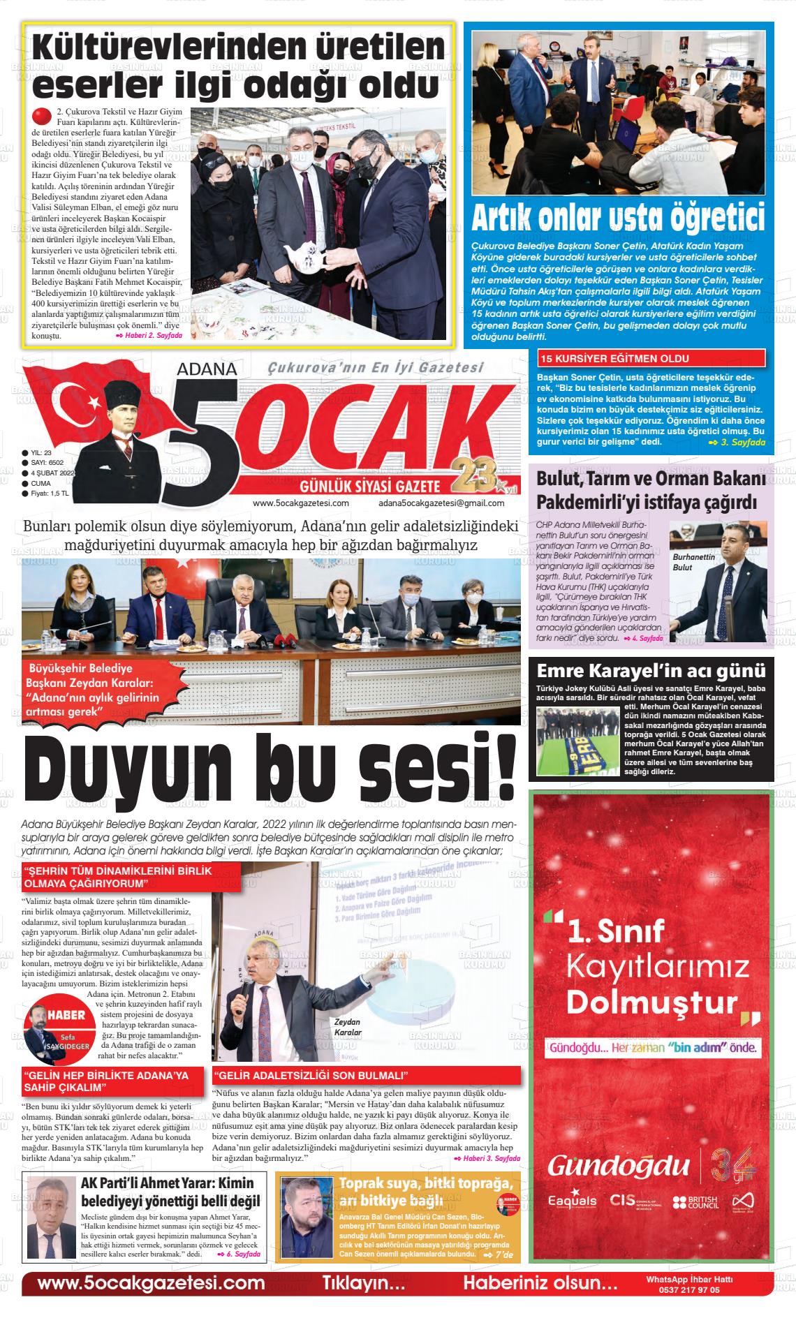 04 Şubat 2022 Adana 5 Ocak Gazete Manşeti