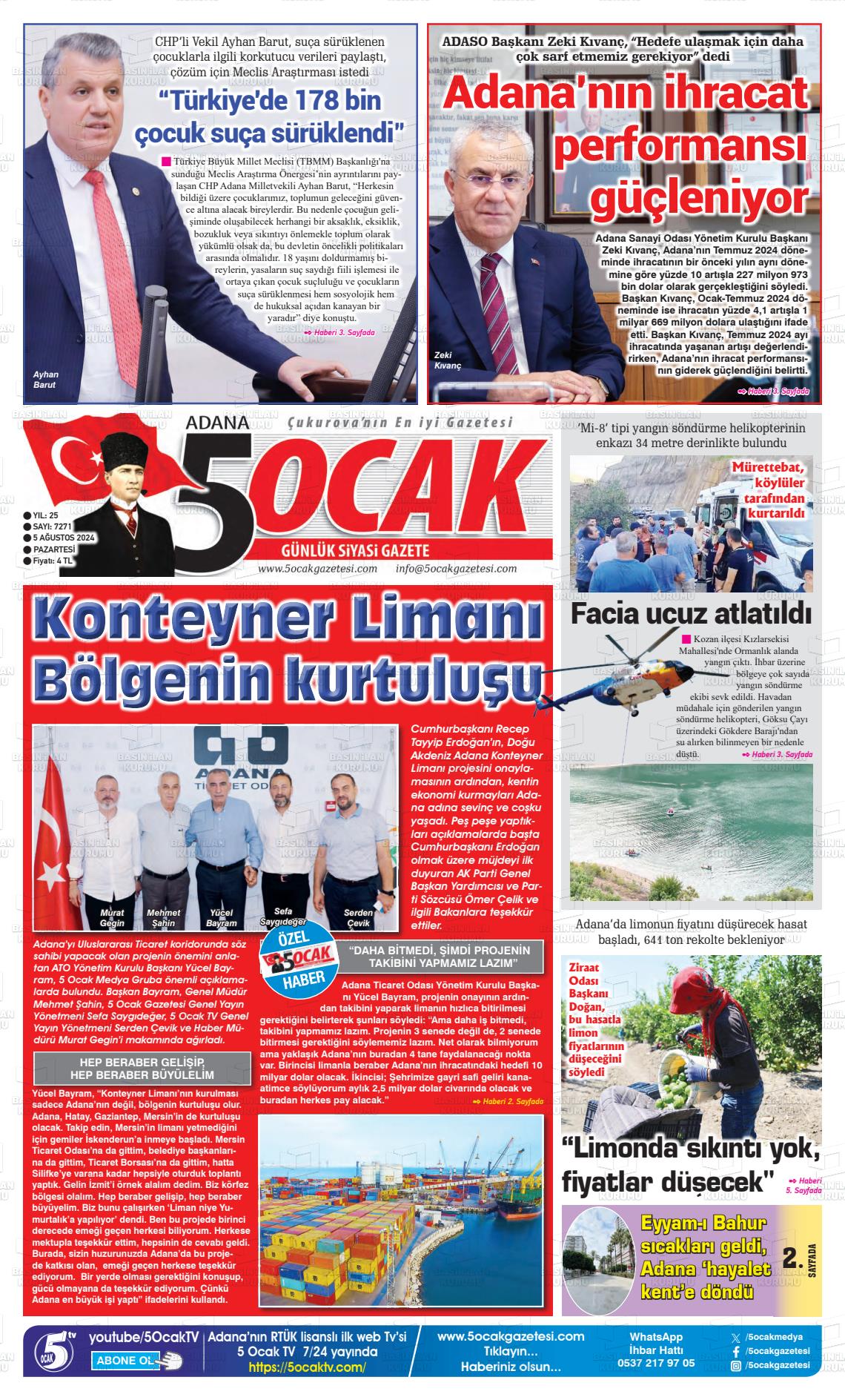 05 Ağustos 2024 Adana 5 Ocak Gazete Manşeti