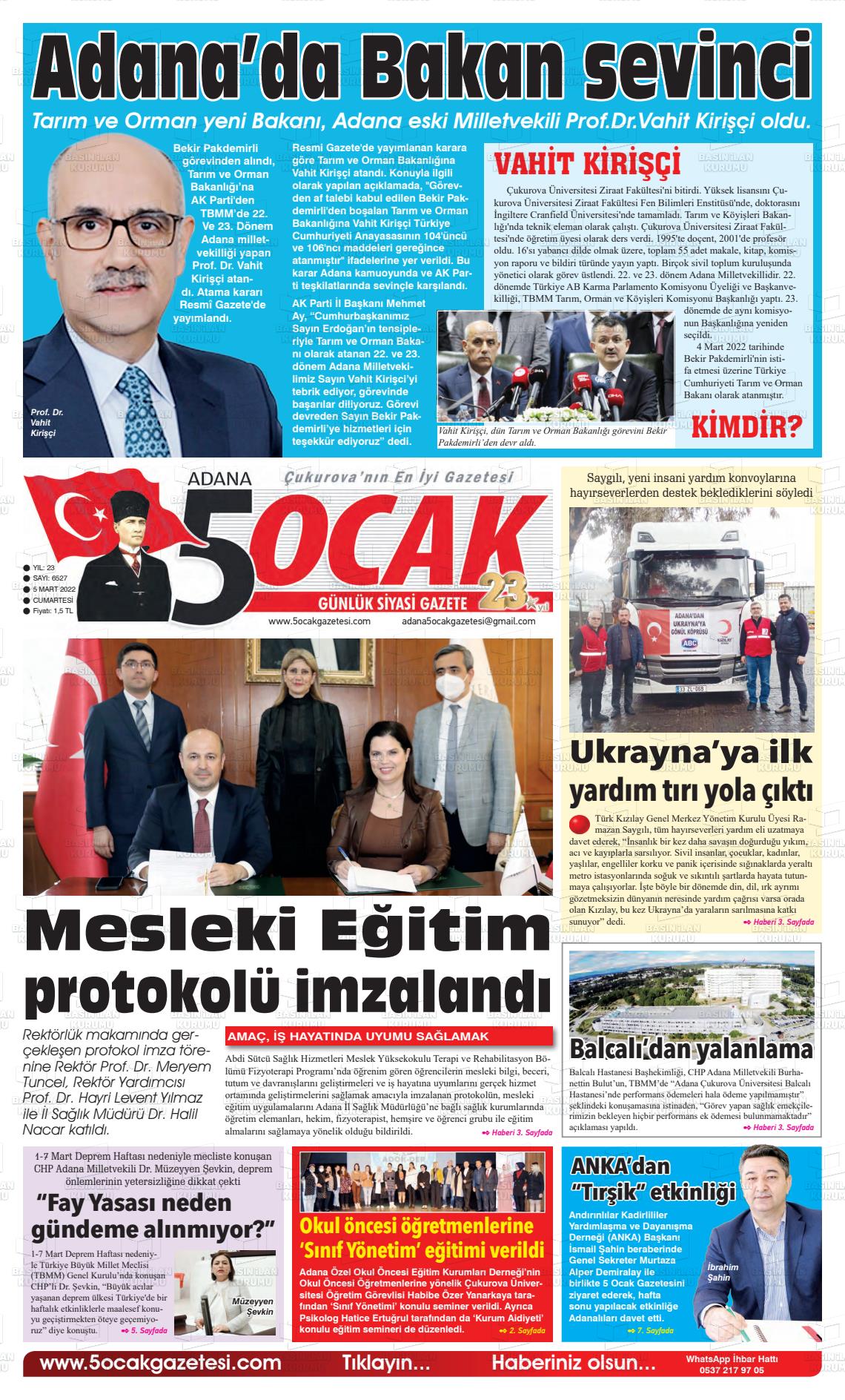 05 Mart 2022 Adana 5 Ocak Gazete Manşeti