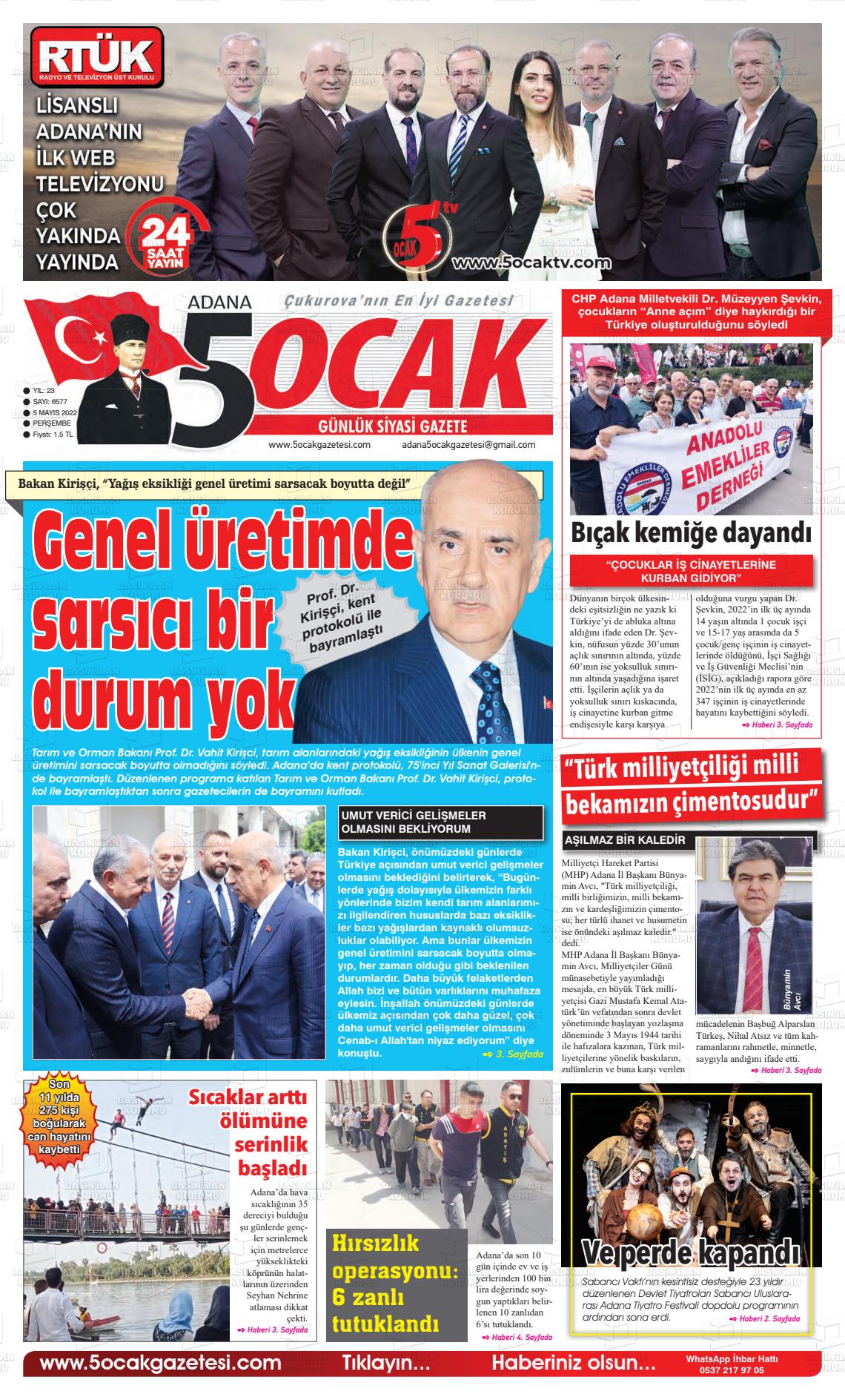 05 Mayıs 2022 Adana 5 Ocak Gazete Manşeti