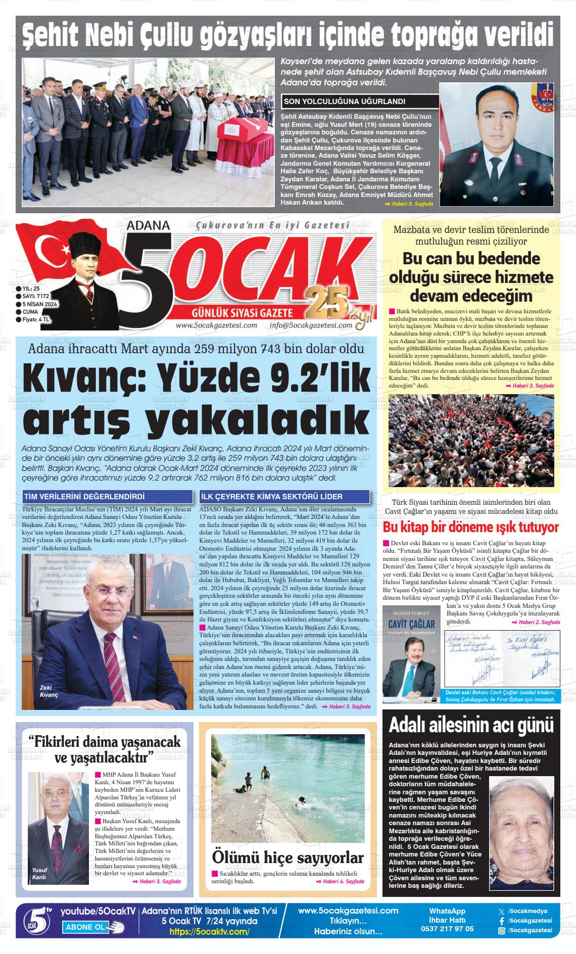 05 Nisan 2024 Adana 5 Ocak Gazete Manşeti