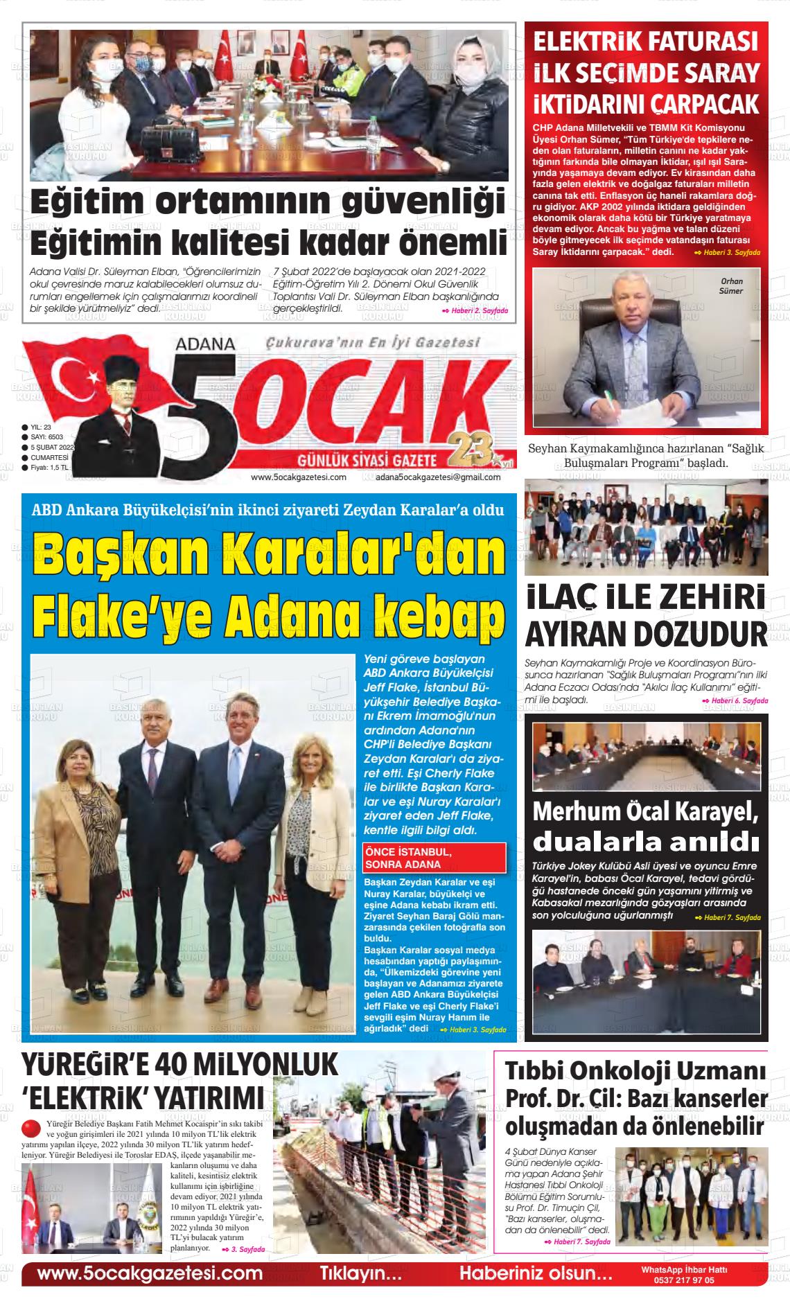 05 Şubat 2022 Adana 5 Ocak Gazete Manşeti