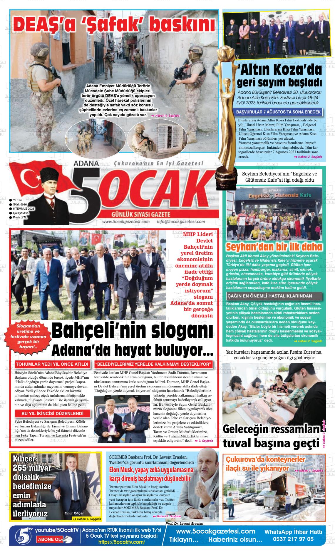 05 Temmuz 2023 Adana 5 Ocak Gazete Manşeti