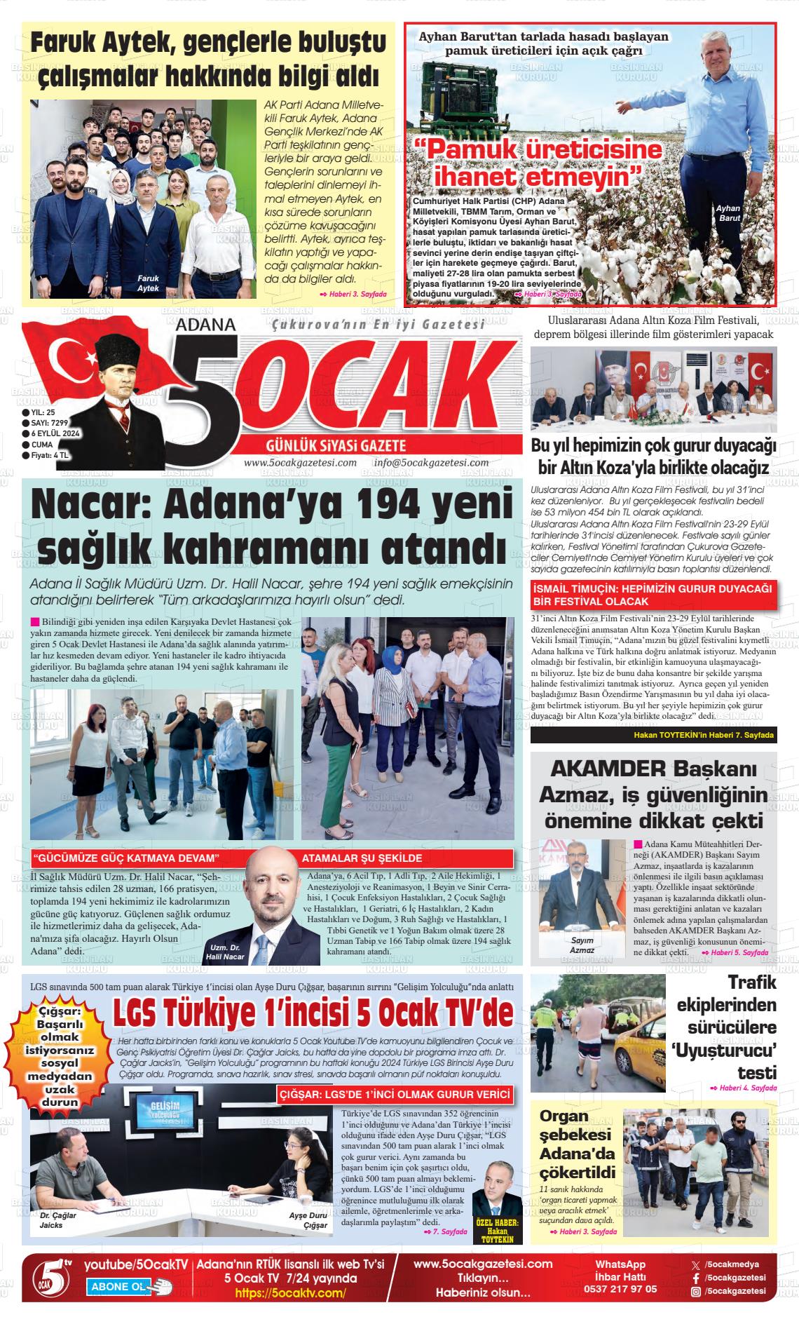 06 Eylül 2024 Adana 5 Ocak Gazete Manşeti