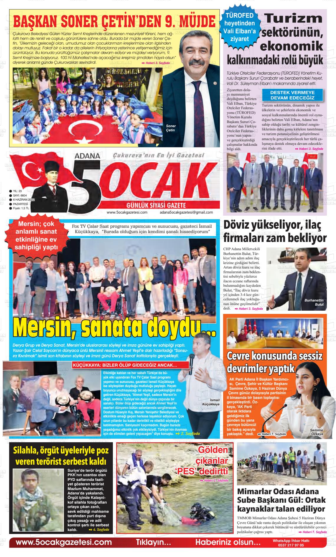 06 Haziran 2022 Adana 5 Ocak Gazete Manşeti