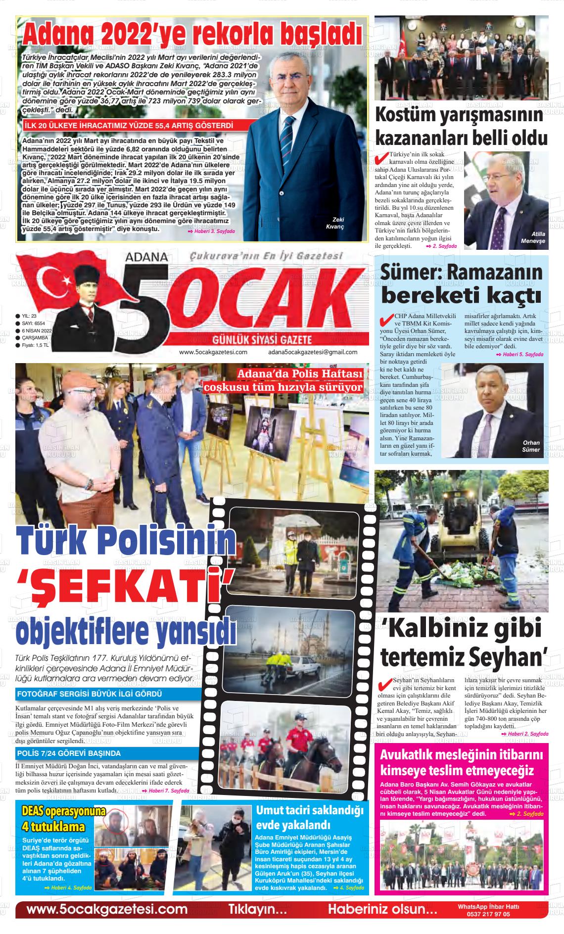 06 Nisan 2022 Adana 5 Ocak Gazete Manşeti