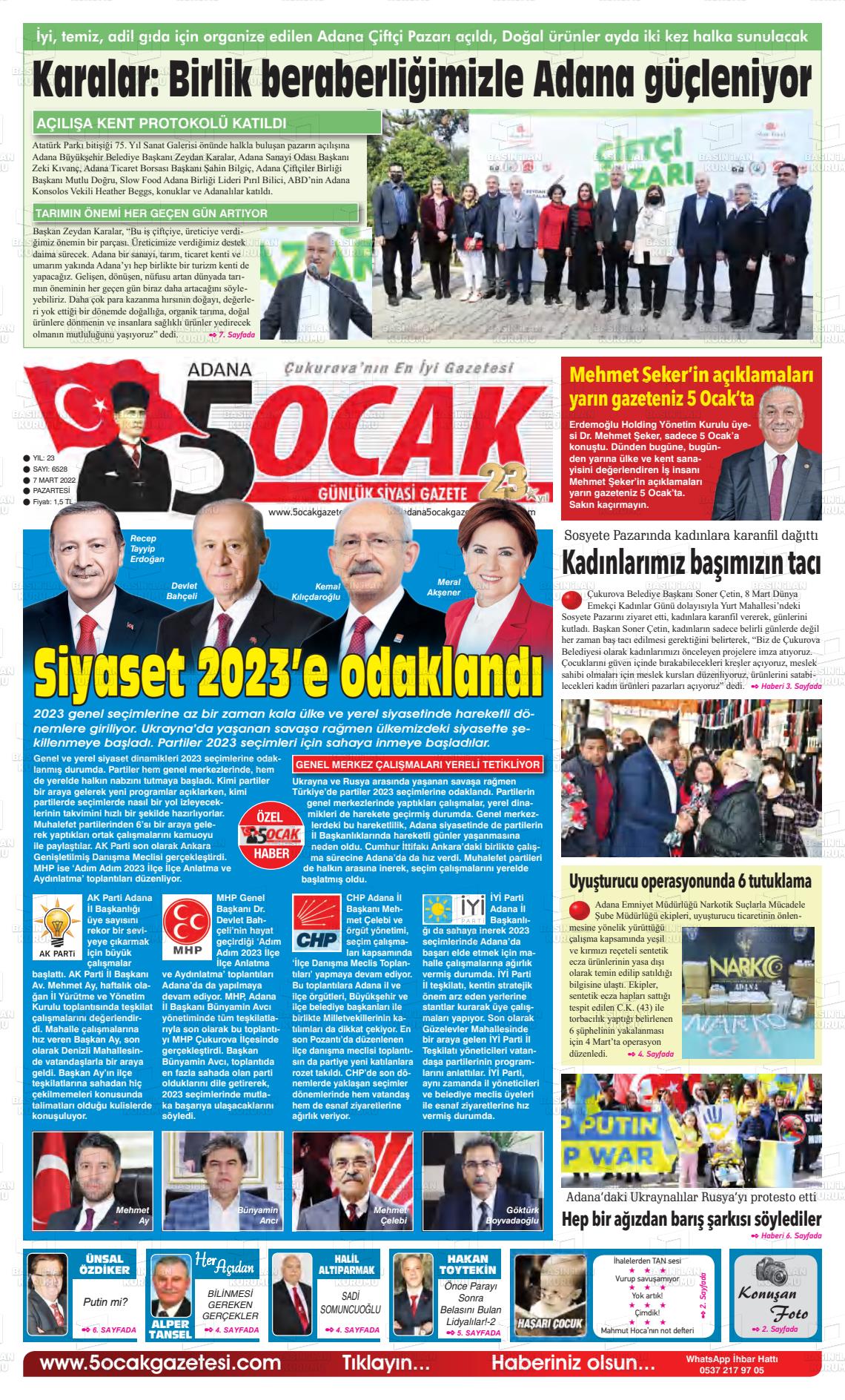 07 Mart 2022 Adana 5 Ocak Gazete Manşeti