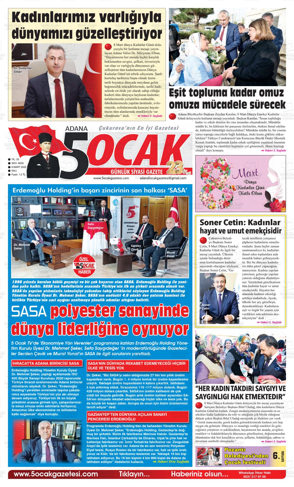 08 Mart 2022 Adana 5 Ocak Gazete Manşeti