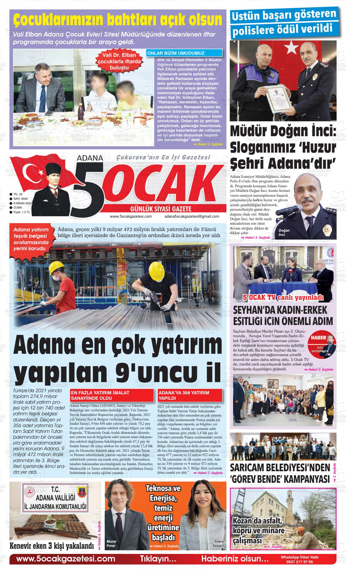 08 Nisan 2022 Adana 5 Ocak Gazete Manşeti