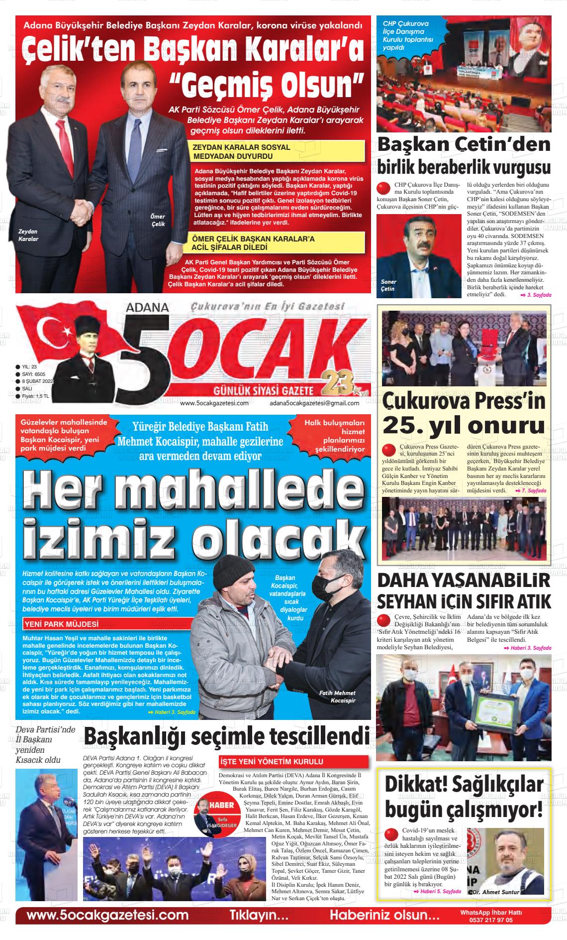 08 Şubat 2022 Adana 5 Ocak Gazete Manşeti