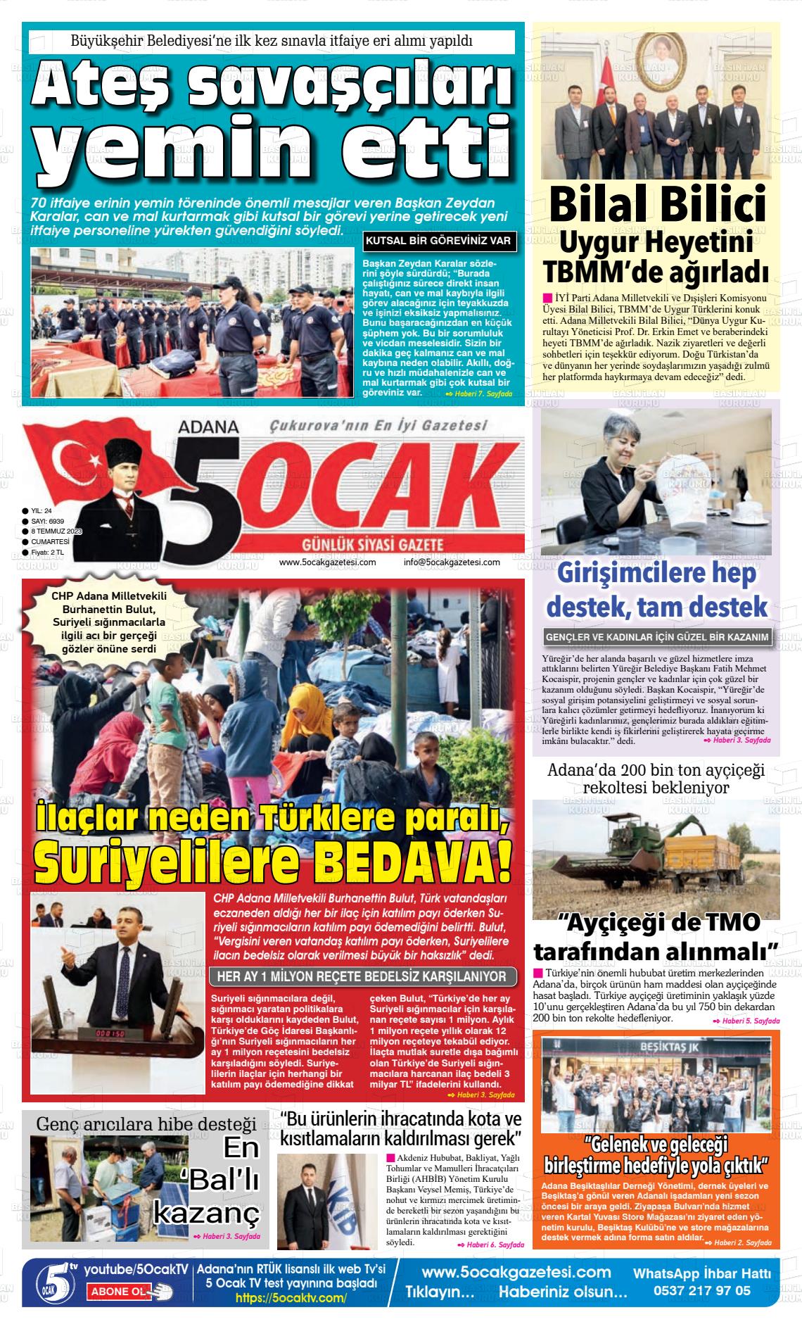 08 Temmuz 2023 Adana 5 Ocak Gazete Manşeti