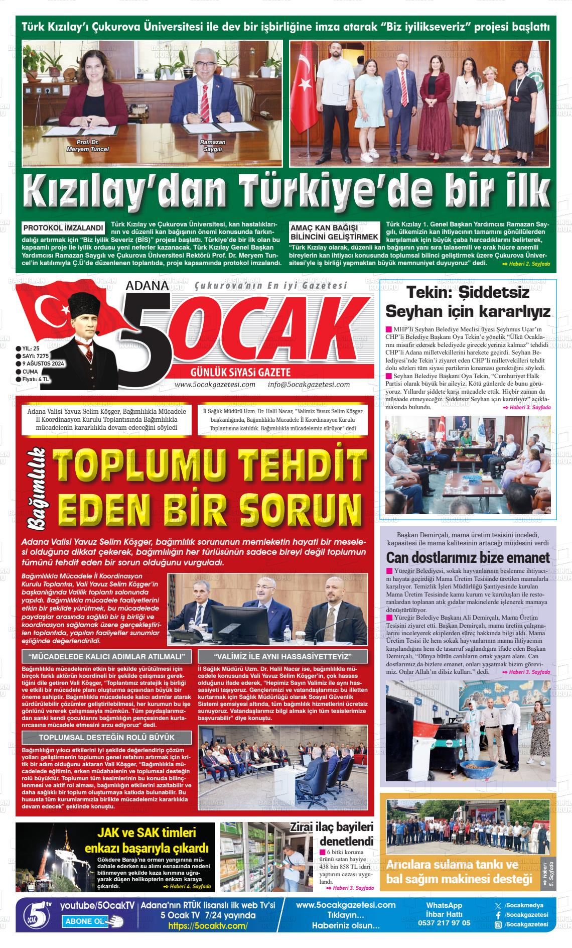 09 Ağustos 2024 Adana 5 Ocak Gazete Manşeti