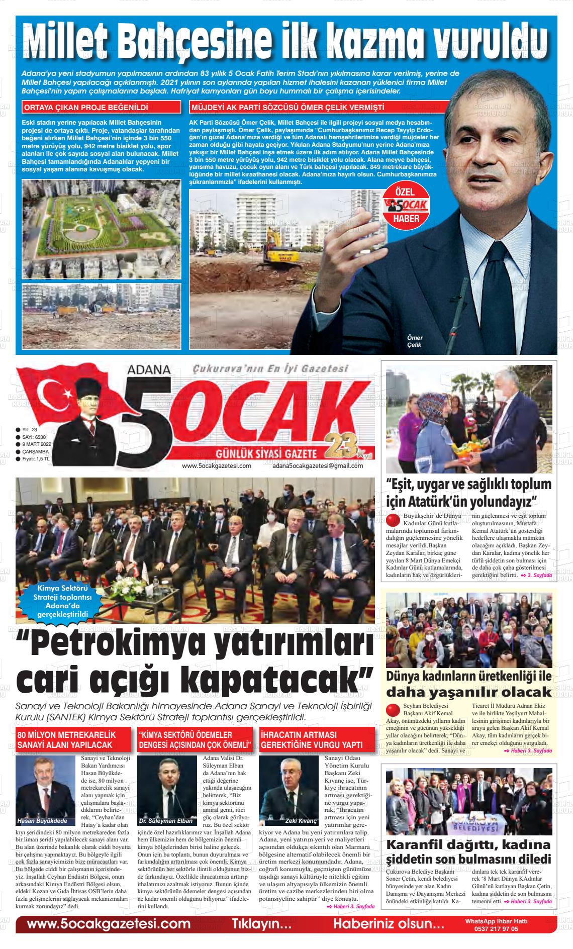 09 Mart 2022 Adana 5 Ocak Gazete Manşeti