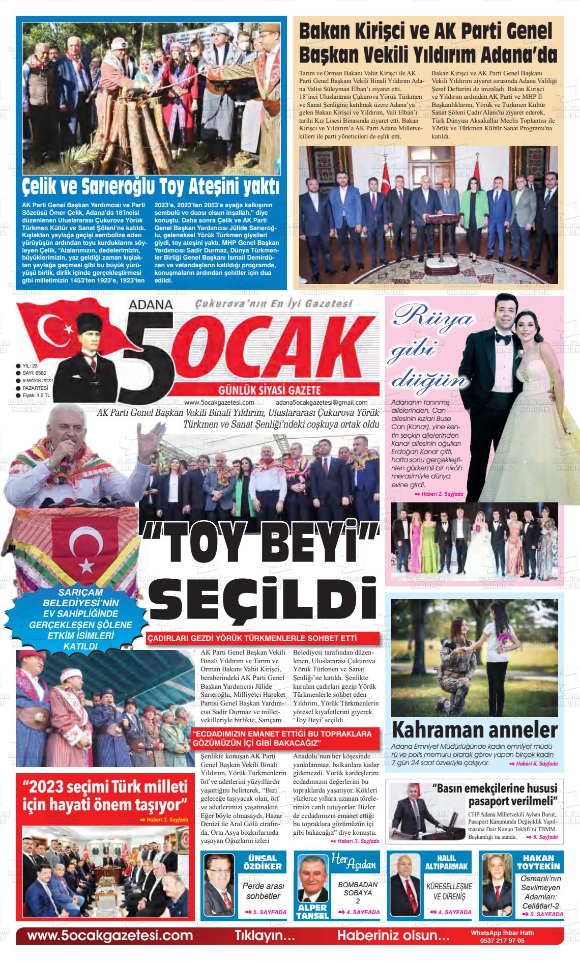 09 Mayıs 2022 Adana 5 Ocak Gazete Manşeti