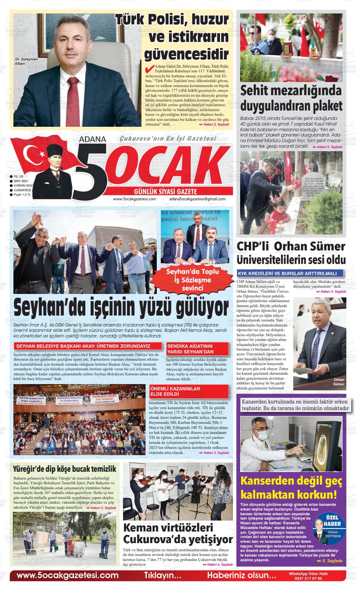 09 Nisan 2022 Adana 5 Ocak Gazete Manşeti