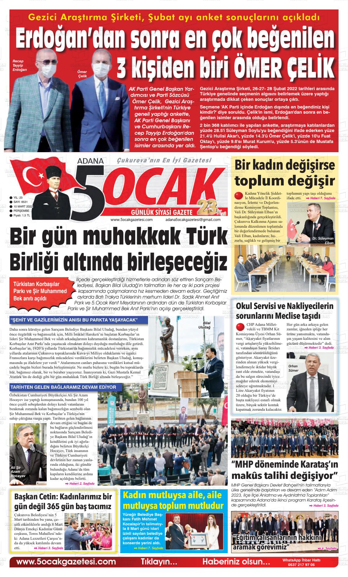 10 Mart 2022 Adana 5 Ocak Gazete Manşeti