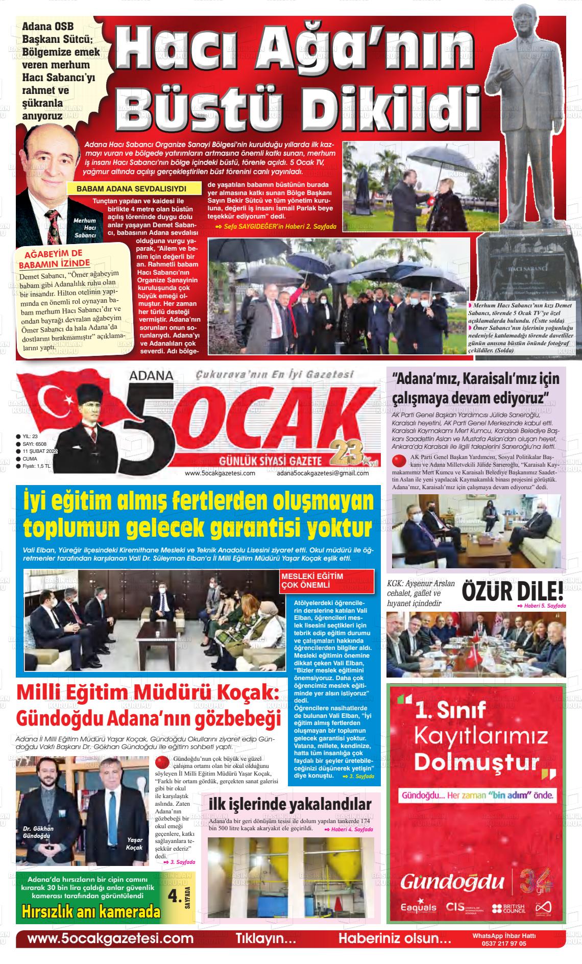 11 Şubat 2022 Adana 5 Ocak Gazete Manşeti