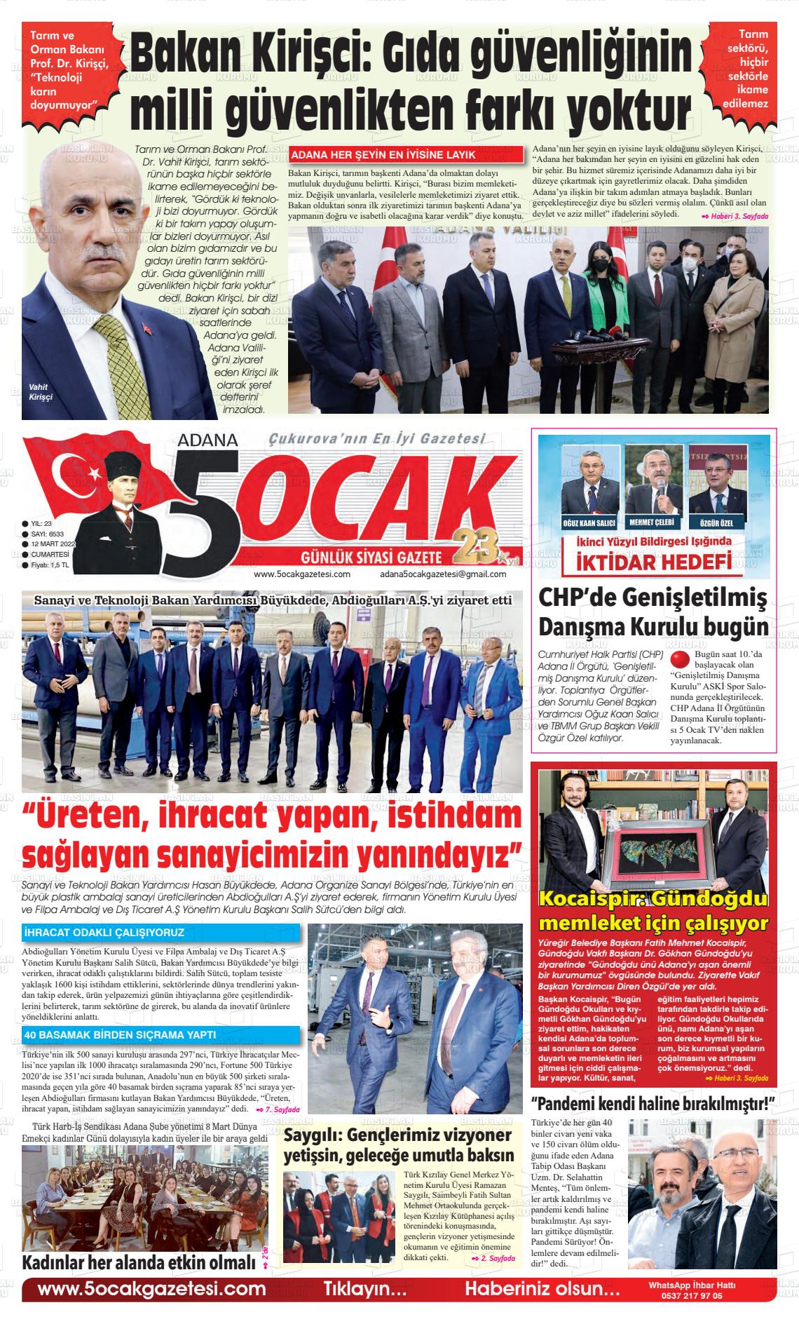 12 Mart 2022 Adana 5 Ocak Gazete Manşeti